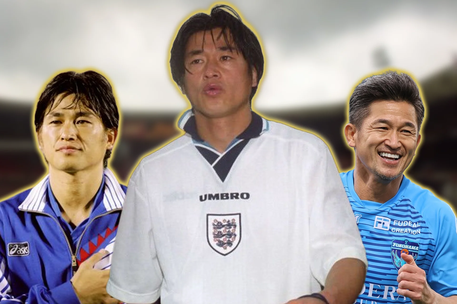 A composite portrait tracking the career of ageless Japanese footballer Kazuyoshi Miura. The central image shows a middle-aged Miura in a loose-fitting white Umbro shirt. To the left, a younger Miura stands in a blue Asics tracksuit with his hand over his heart. To the right, a modern, older Miura smiles broadly while wearing a bright blue Yokohama FC jersey.