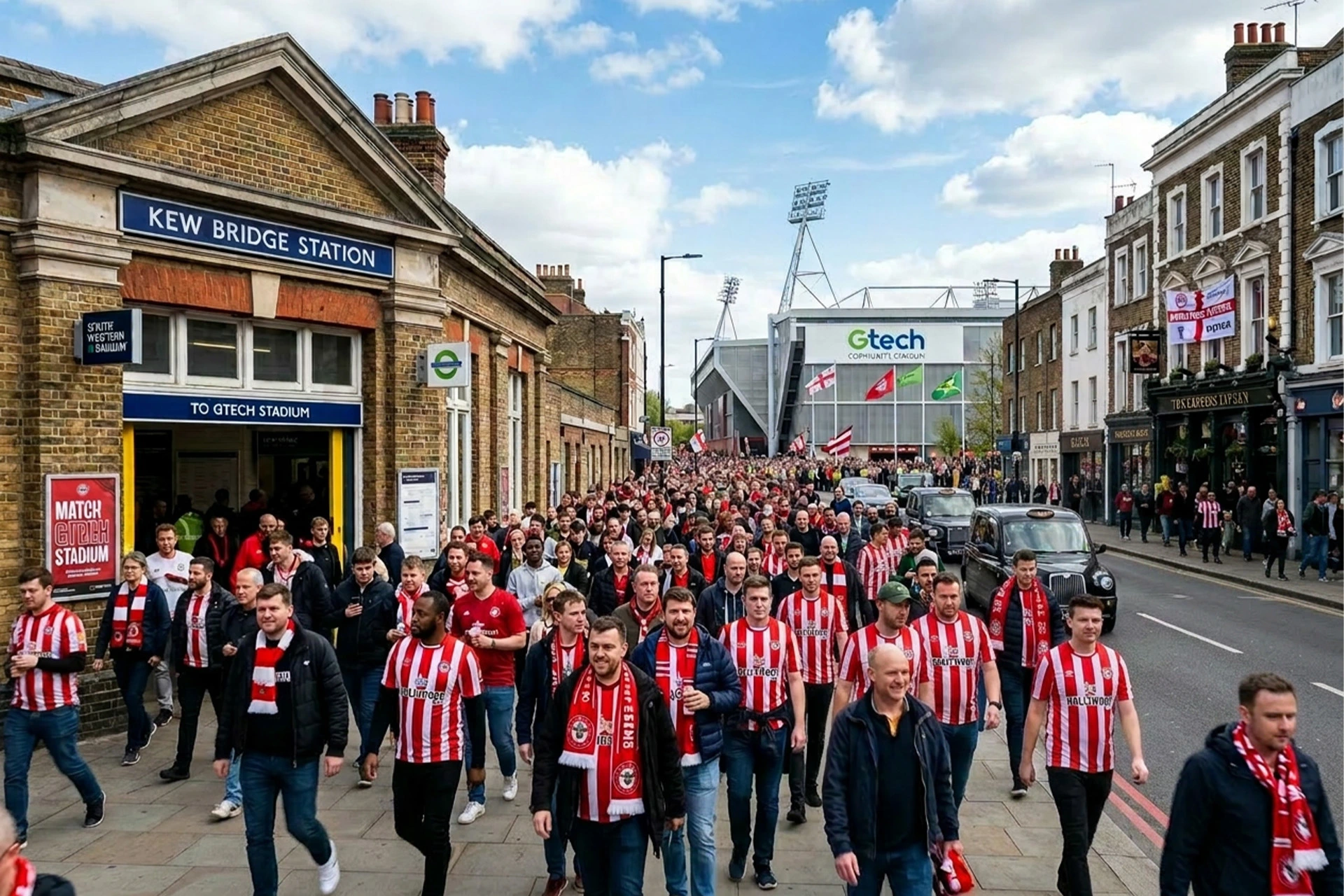 A street-level photograph showing a large, dense crowd of Brentford FC football fans walking along a pavement on match day. The majority of the fans are wearing the club's iconic red and white striped shirts and matching scarves. On the left, the historic brick entrance of "KEW BRIDGE STATION" is visible, featuring a blue sign that reads "TO GTECH STADIUM." In the background, down the street, the modern Gtech Community Stadium stands tall with its floodlights visible against a partly cloudy blue sky. Black London taxis and other vehicles are parked or moving slowly along the road to the right of the fans.