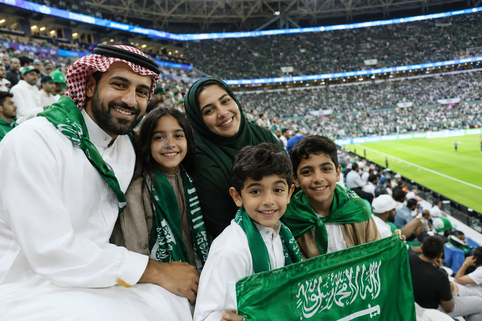 عائلة سعودية مكونة من خمسة أفراد مبتسمين في مدرجات الاستاد خلال مباراة كرة القدم. الأب يرتدي ثوباً أبيض تقليدياً وعقالاً أحمر وأبيض، بينما ترتدي الأم حجاباً أخضر داكناً. أطفالهم الثلاثة الصغار يبتسمون بجانبهم، مرتدين الأبيض ويحملون أو يرتدون شالات تحمل الألوان السعودية والهدف الوطني. في الخلفية، يظهر استاد كرة قدم مزدحم مضاء بشكل جيد.
