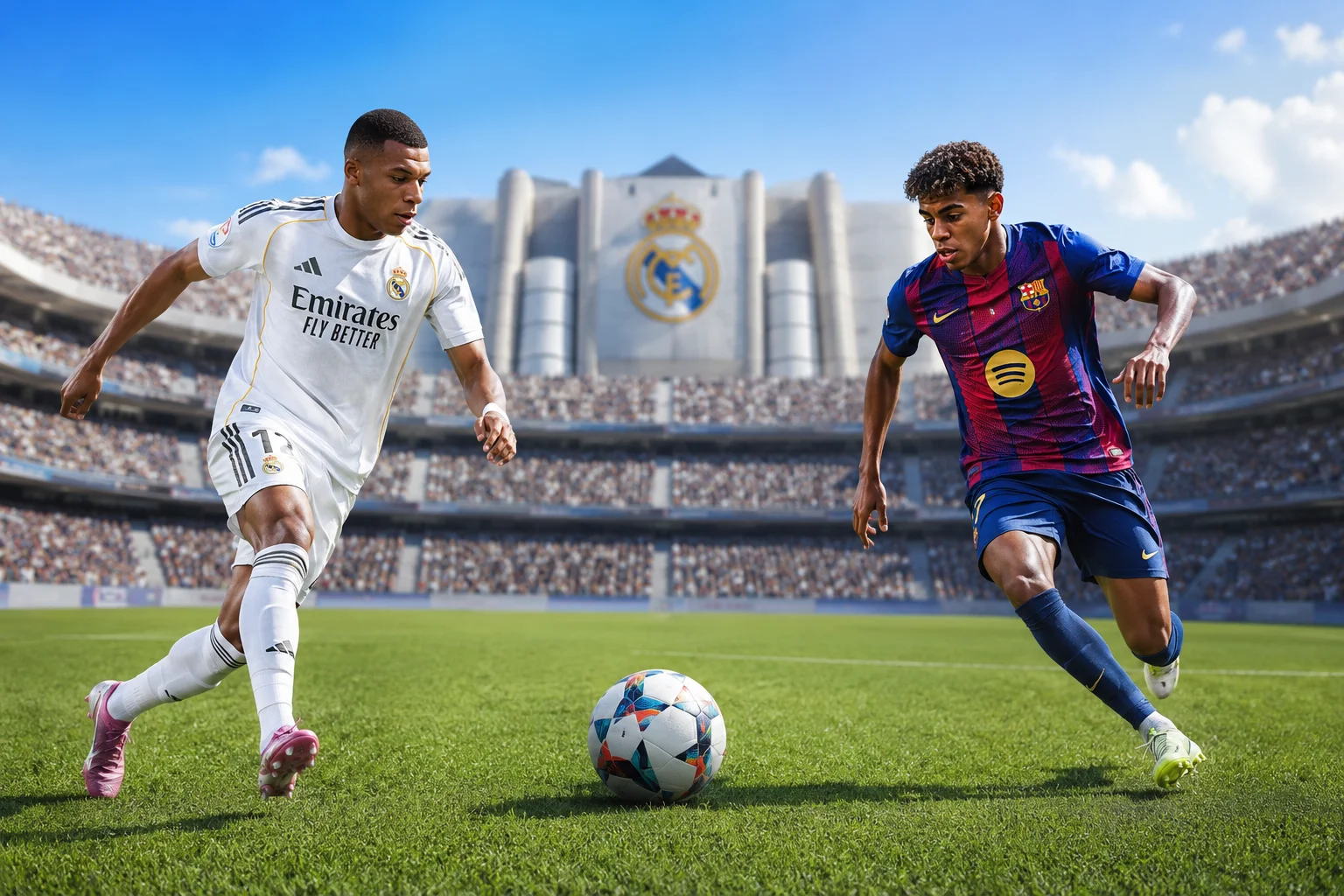 Illustrates an El Clásico matchup with Kylian Mbappé in Real Madrid's white kit and Lamine Yamal in Barcelona's iconic blue-and-red kit.
