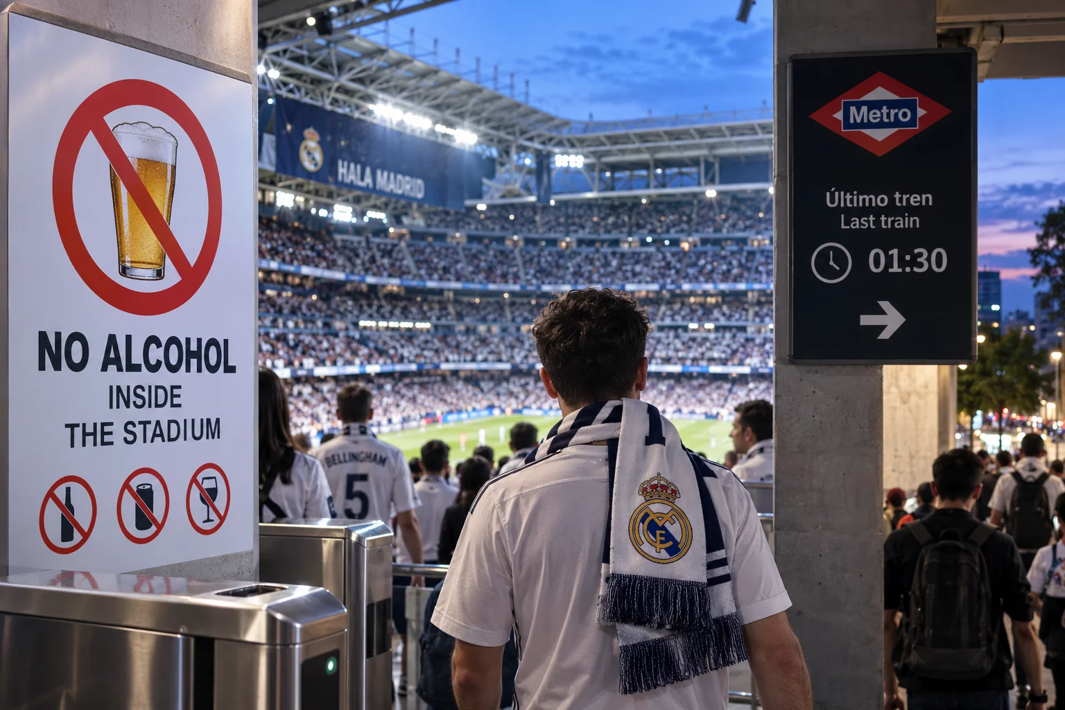 Fan wearing a Real Madrid scarf entering a stadium turnstile next to a prominent "No Alcohol Inside The Stadium" prohibition sign.