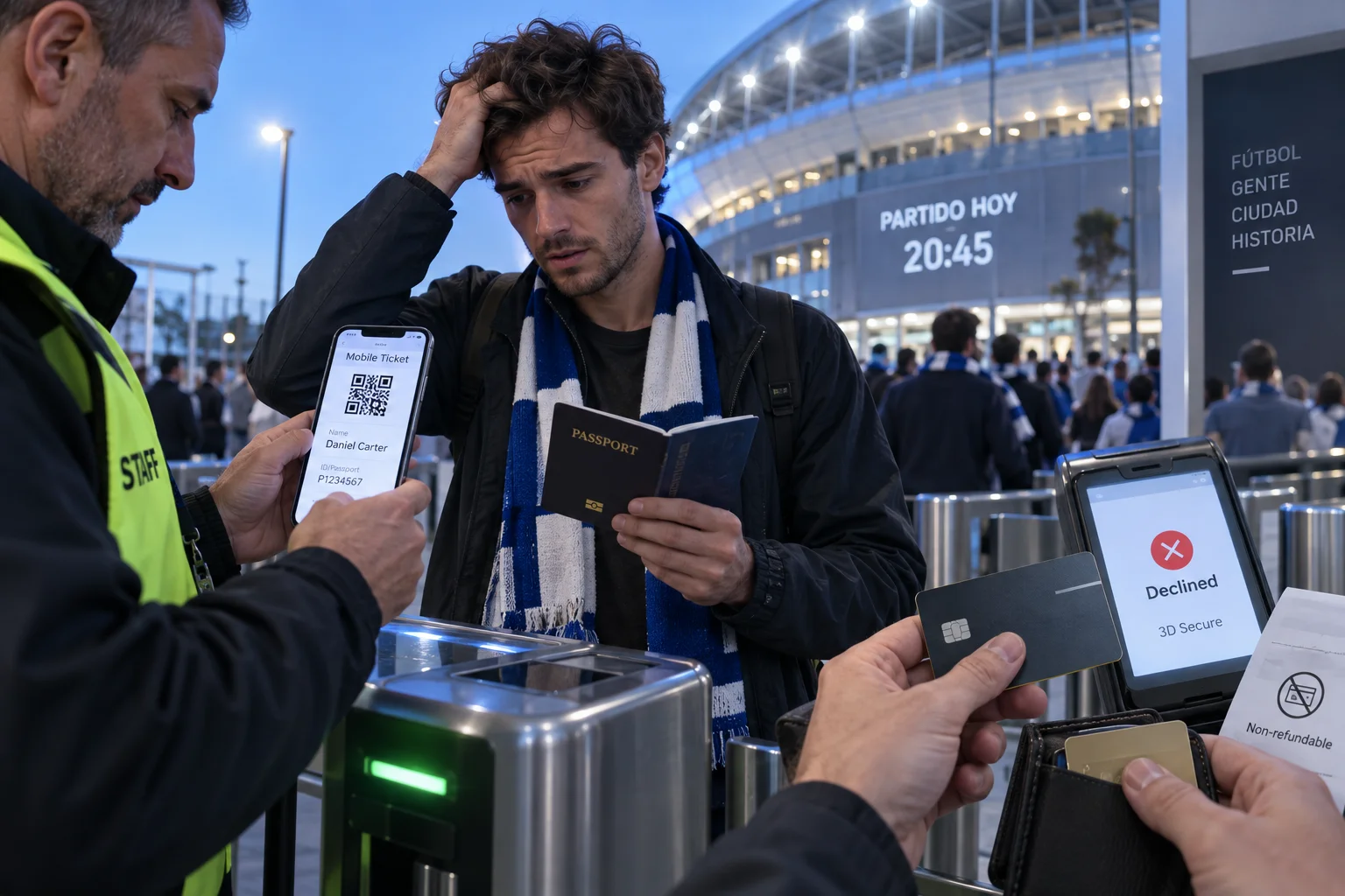 Four printed La Liga match tickets with prices sitting on a stone ledge outside Real Madrid and FC Barcelona stadiums.