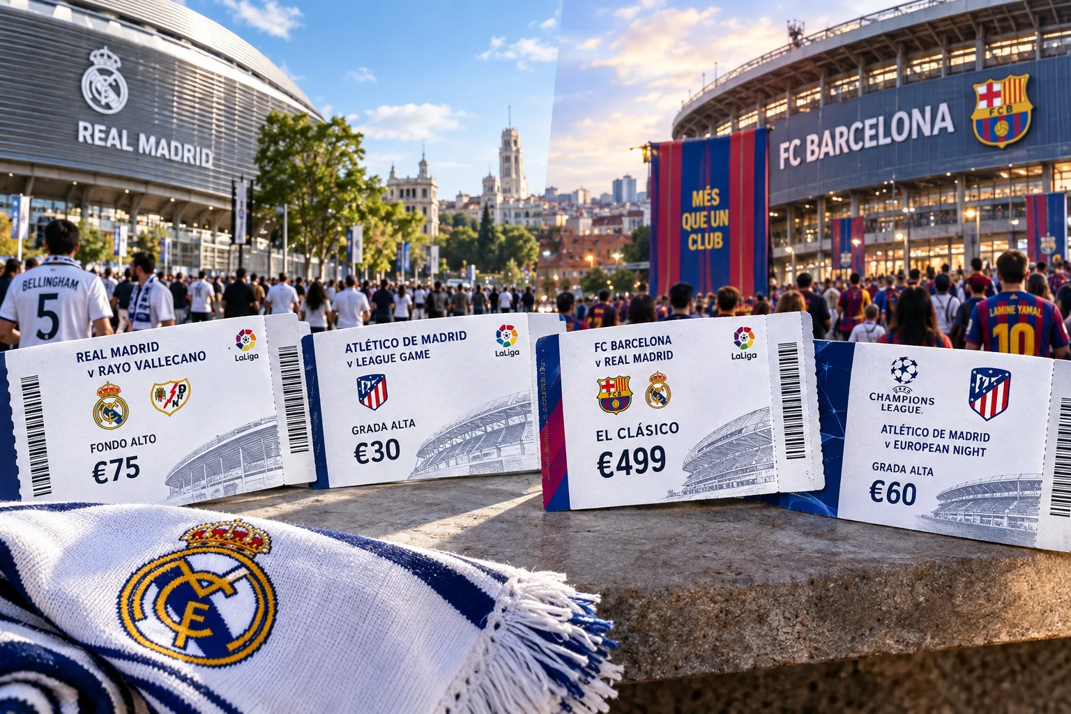 Four printed La Liga match tickets with prices sitting on a stone ledge outside Real Madrid and FC Barcelona stadiums.