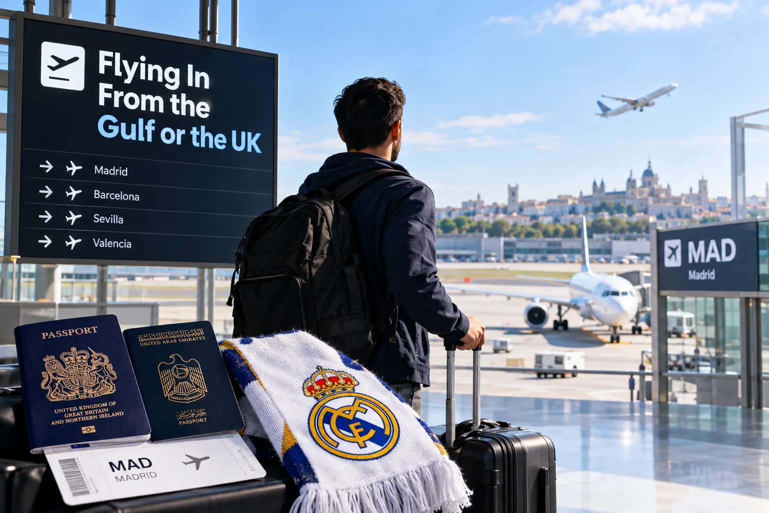 Traveler with a Real Madrid scarf and backpack at an airport terminal looking out at planes, next to UK and UAE passports and flight destination signs.