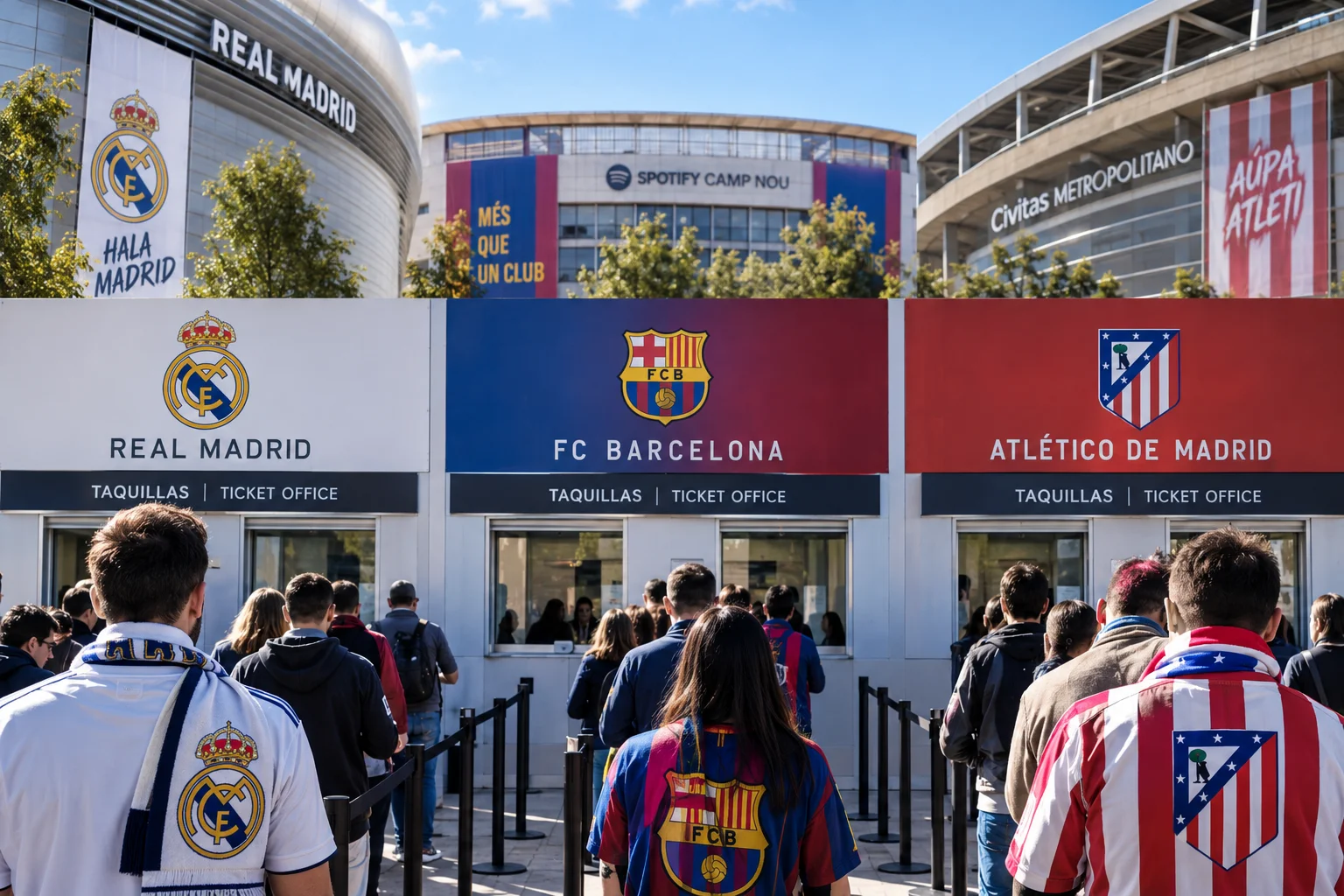 Fans wearing Real Madrid, Barcelona, and Atlético Madrid jerseys queuing up at ticket office booths outside stadiums.
