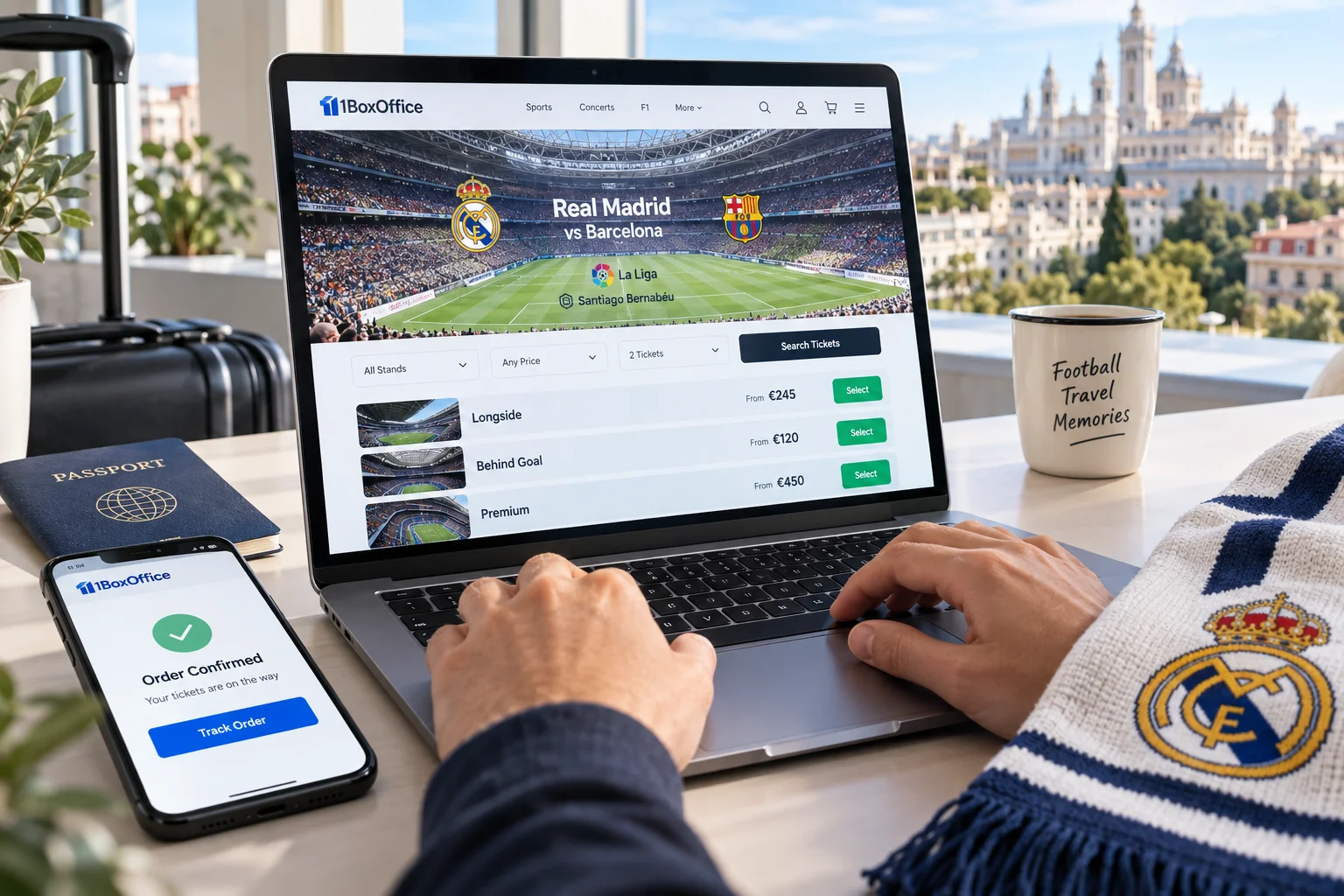 A user buying La Liga match tickets for Real Madrid vs Barcelona on a laptop using 11BoxOffice, with an order confirmation displayed on a smartphone nearby.