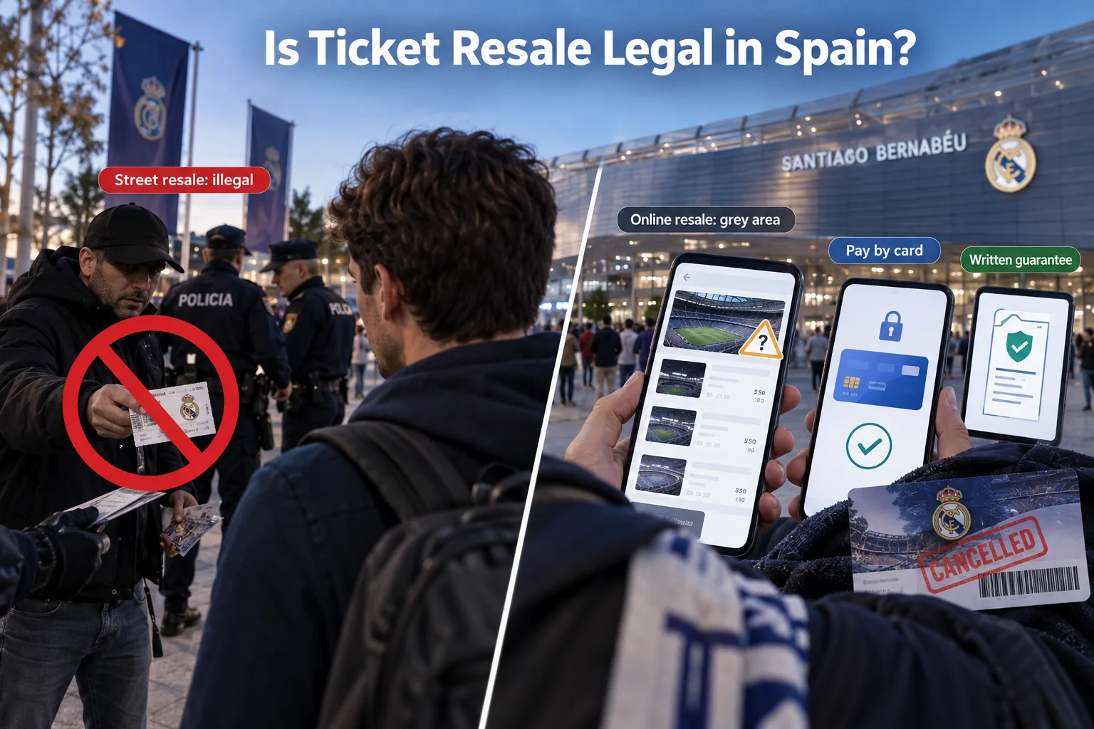 Split image contrasting illegal street ticket resale with warning signs against buying online ticket scalps in front of Santiago Bernabéu stadium.