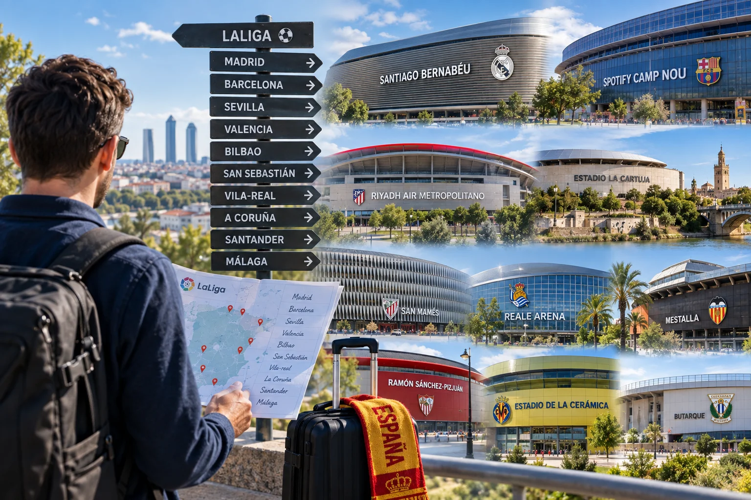 A traveler with a backpack looking at a La Liga directional signpost listing Spanish city destinations and holding a map of Spain's stadiums.