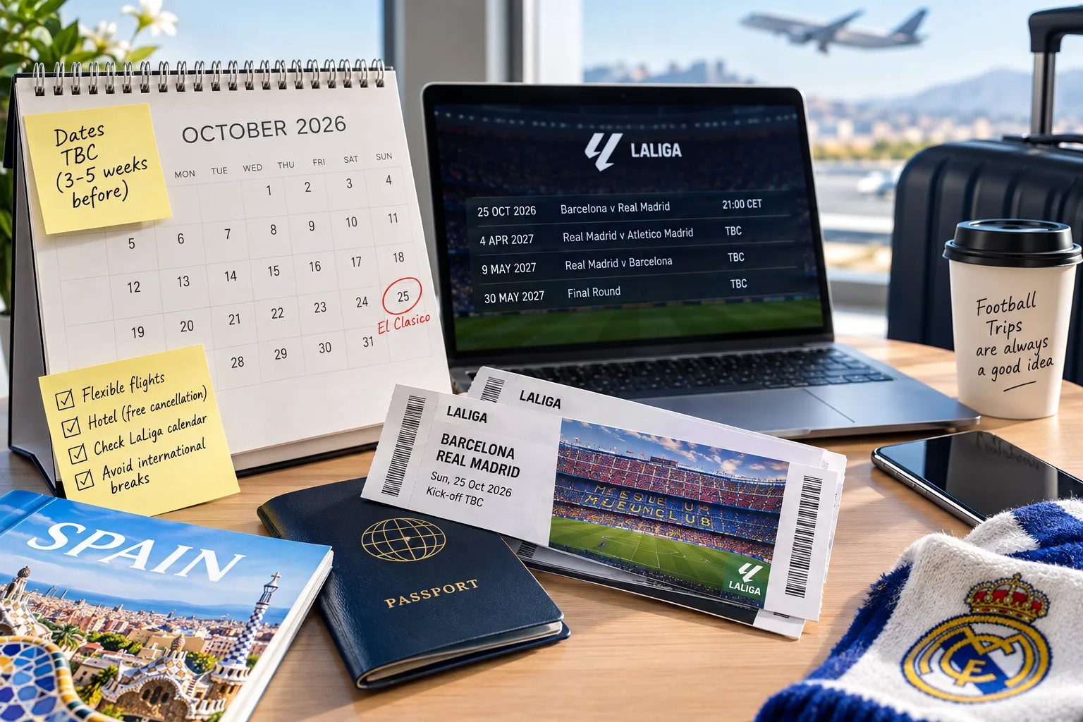 Desk setup showing a desk calendar marked for El Clásico, match tickets, passports, a coffee cup, and a laptop displaying La Liga match fixtures.