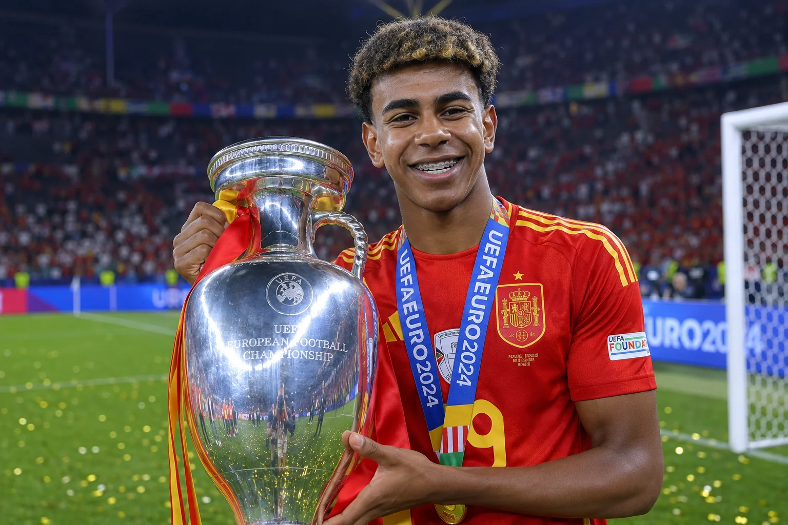 صورة للاعب الإسباني لامين يامال يحتفل على الملعب. يظهر من الصدر إلى الأعلى، ينظر للأمام مع ابتسامة واثقة ومفرحة. يرتدي الزي الرسمي الأحمر القوي لإسبانيا مع تفاصيل صفراء وشعار المنتخب الوطني على الصدر. الملعب الضخم ممتلئ بالمشجعين ومشوش تحت أضواء الساحة الساطعة.