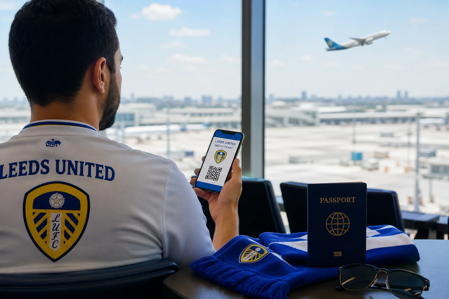 Leeds United fan at an airport holding a digital match ticket before travelling to England.