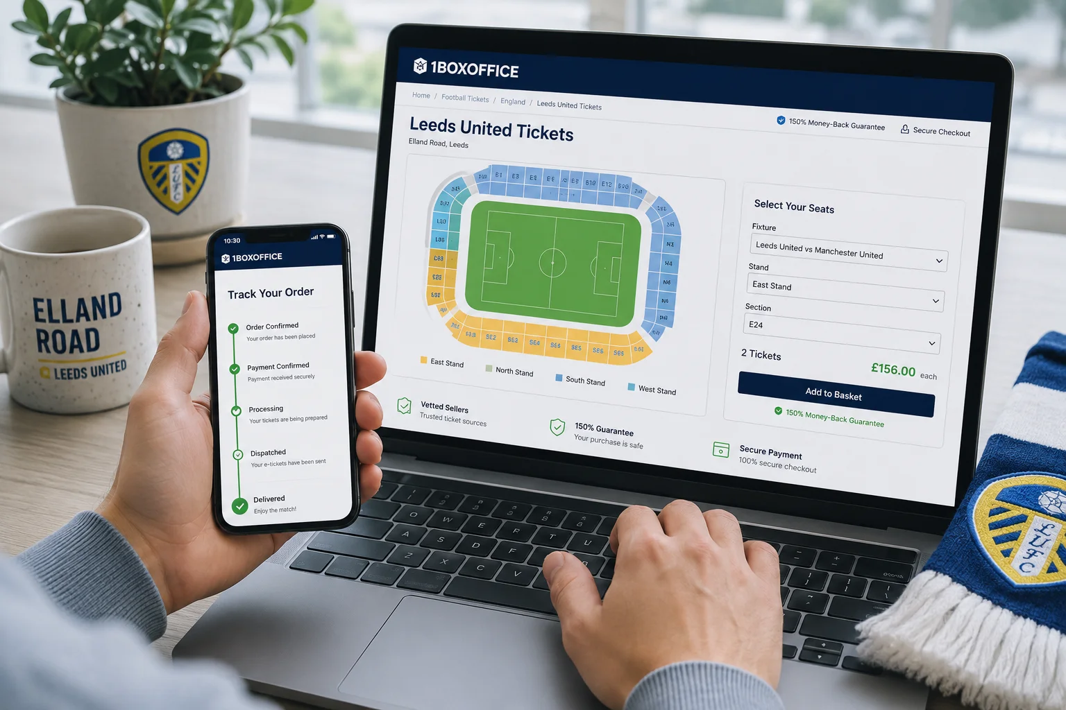 Buying Leeds United tickets online through 1BoxOffice with seating selection and order tracking.