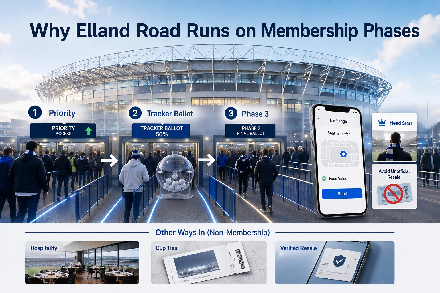 Leeds United ticket membership phases at Elland Road with priority, ballot and non-member options.