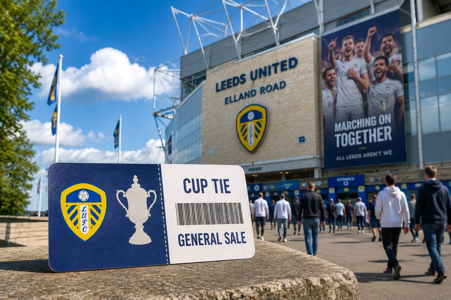 Leeds United cup tie ticket on general sale outside Elland Road before a match.