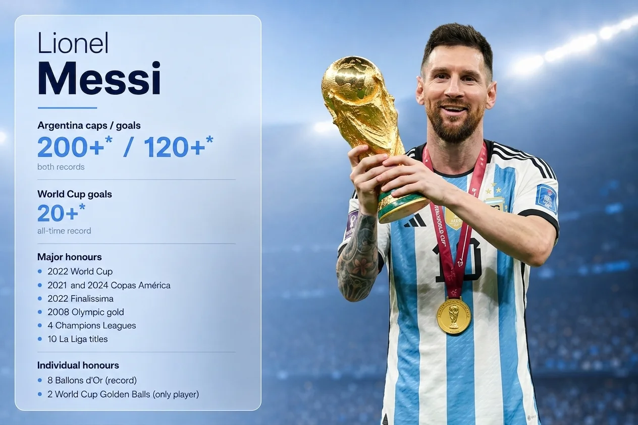 A sports legacy infographic dedicated to Lionel Messi showcases his legendary status in a light blue and white aesthetic. On the right, a vibrant color photograph features a smiling Lionel Messi in Argentina's iconic sky blue and white striped kit, proudly holding the golden FIFA World Cup trophy with a gold winner's medal around his neck. The left panel lists his outstanding records, including over 200 caps and 120 goals for Argentina, and more than 20 World Cup goals. His major honors feature the 2022 World Cup, the 2021 and 2024 Copas América, the 2022 Finalissima, 2008 Olympic Gold, 4 Champions Leagues, and 10 La Liga titles, accompanied by his individual records of 8 Ballons d'Or and 2 World Cup Golden Balls.