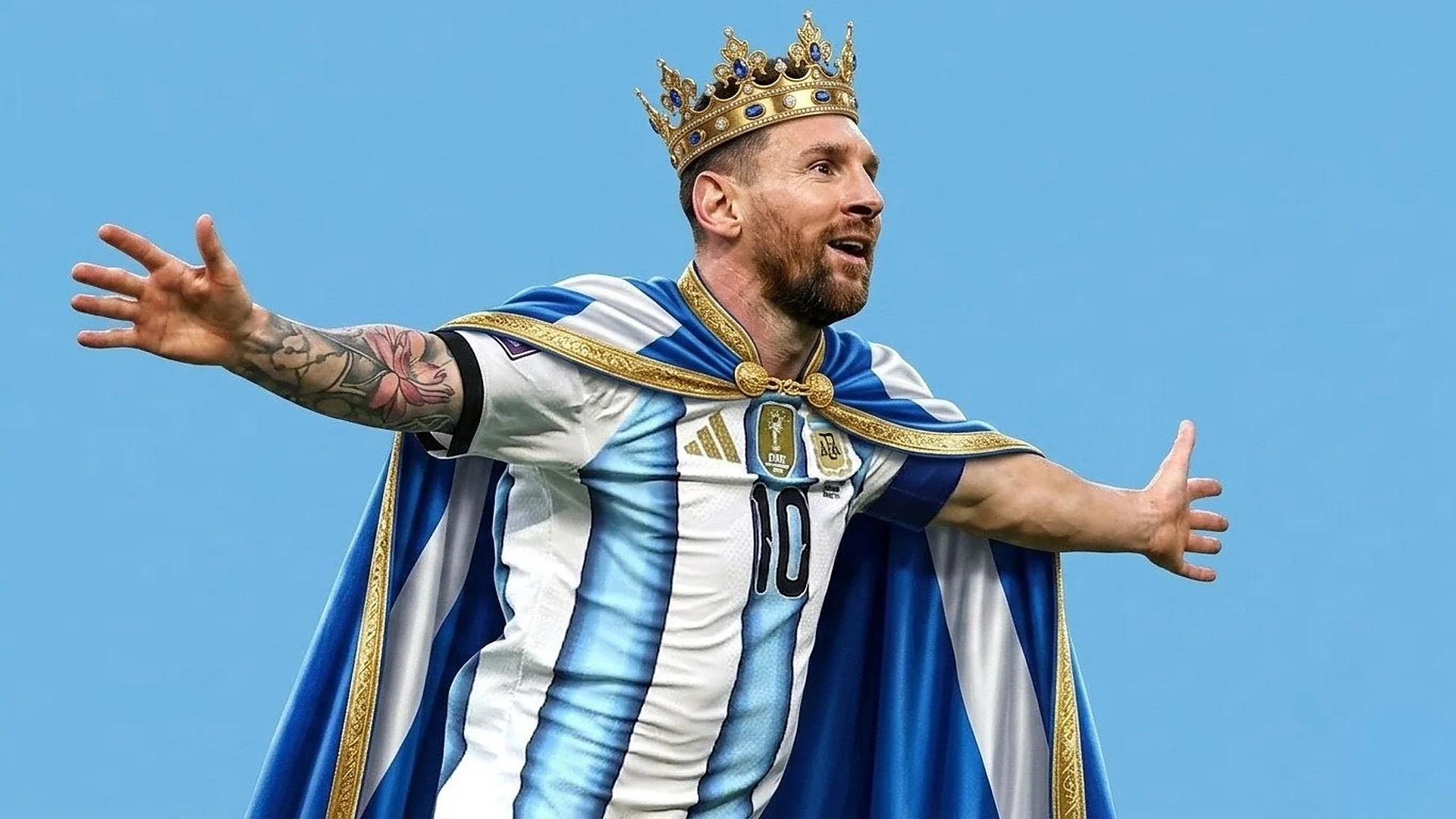 Depicts Argentine maestro Lionel Messi adorned with a crown and royal cape over his national team jersey.