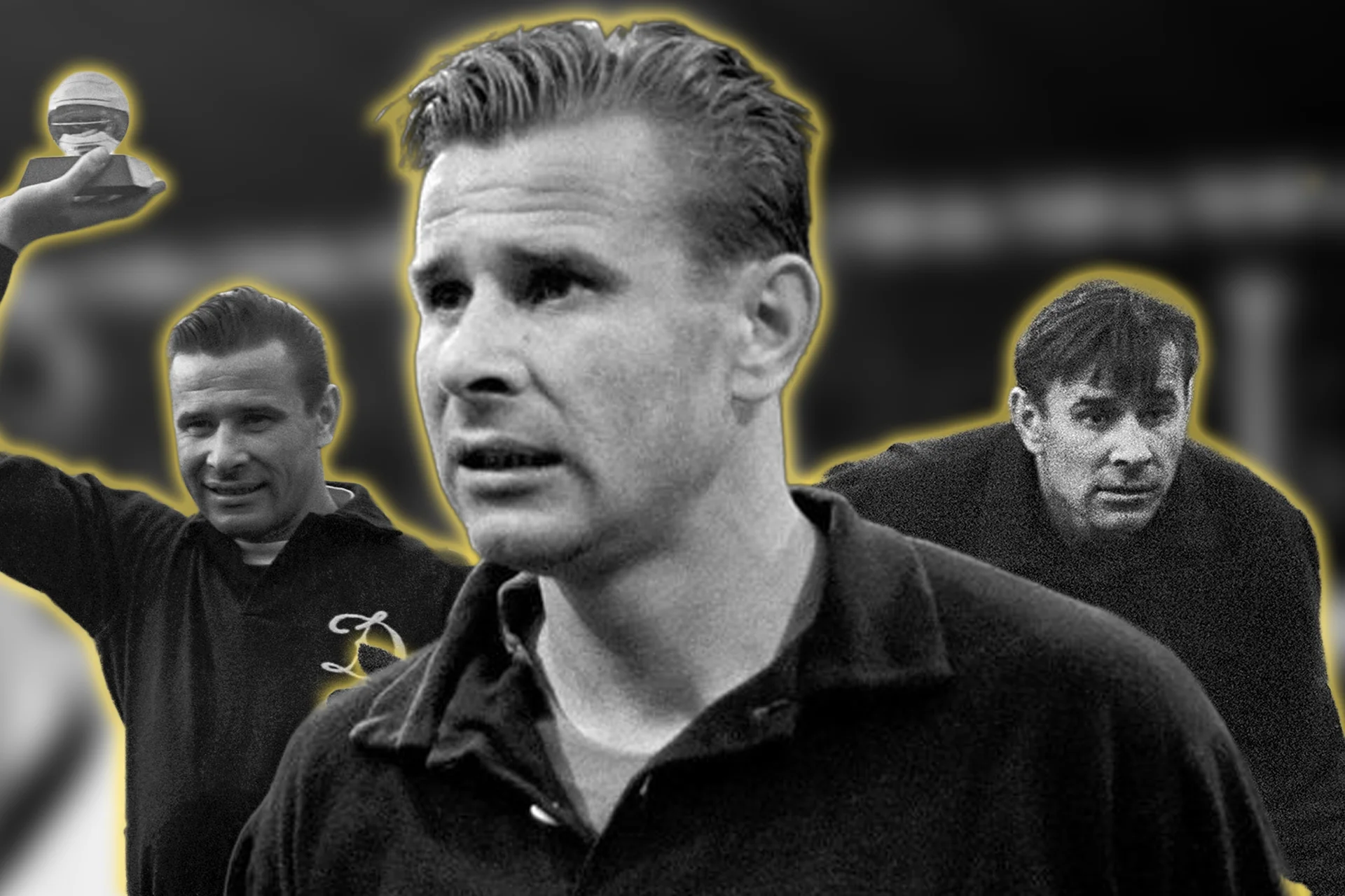A black-and-white collage dedicated to legendary Soviet goalkeeper Lev Yashin. The prominent central portrait displays a close-up of a focused, intense Yashin in his signature dark goalkeeper jersey. On the left, he is smiling while hoisting the Ballon d'Or trophy high in the air, and on the right, he is shown looking focused from a side profile.