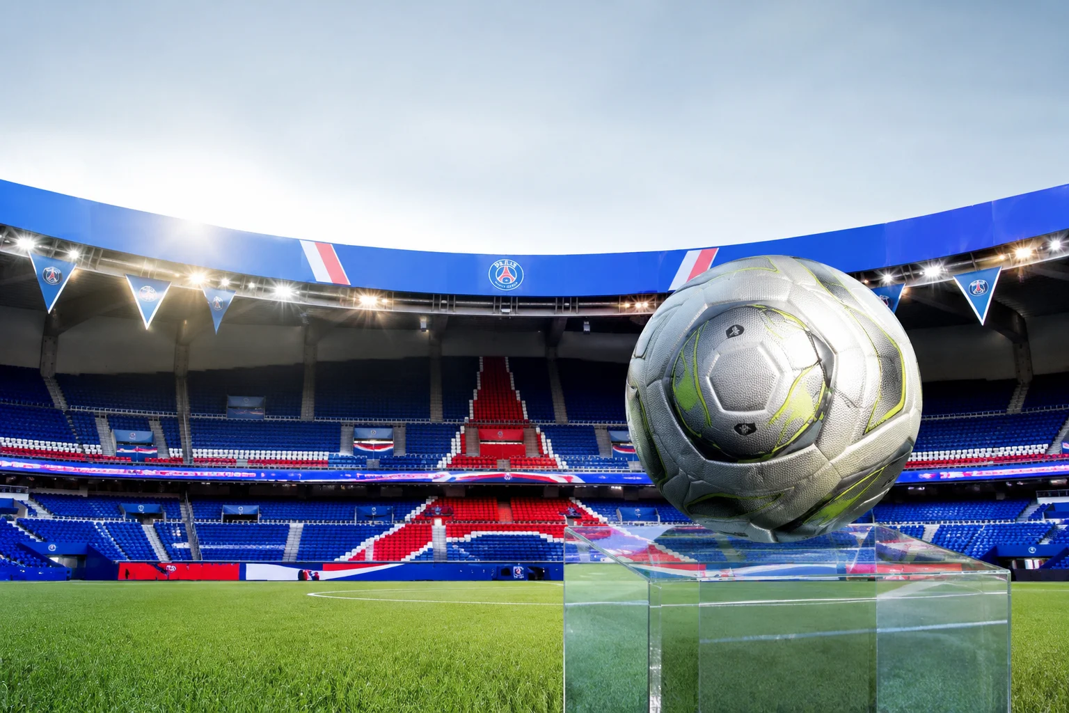 Features a silver match ball resting on a clear display pedestal on the pitch at Paris Saint-Germain's Parc des Princes stadium.