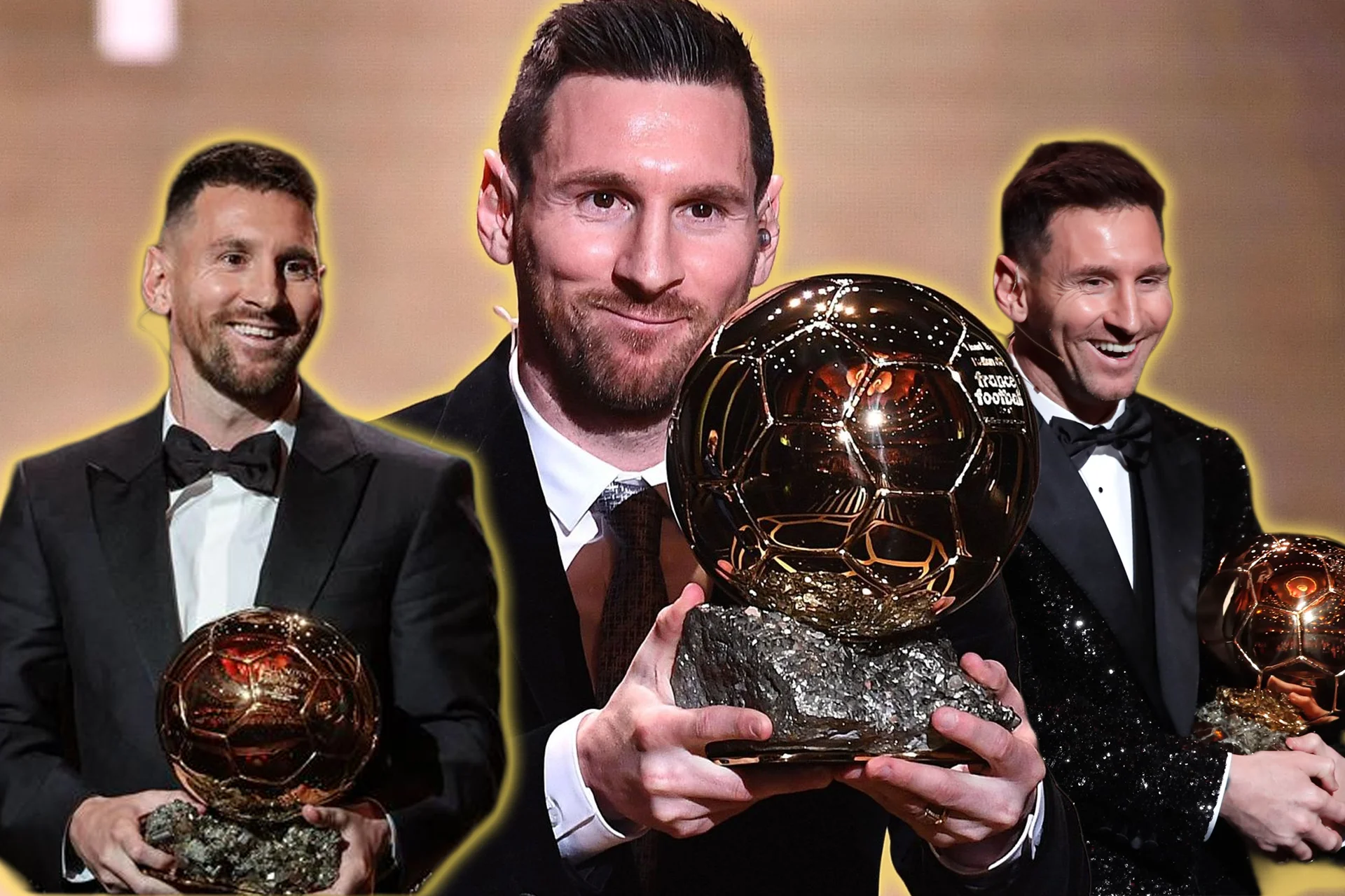 A celebration collage of Lionel Messi holding his Ballon d'Or awards. The main central image shows Messi smiling directly at the camera as he presents the golden football trophy. In the background on both sides, he is pictured at separate gala ceremonies wearing distinct elegant tuxedos and bowties, smiling and laughing with additional trophies in hand.