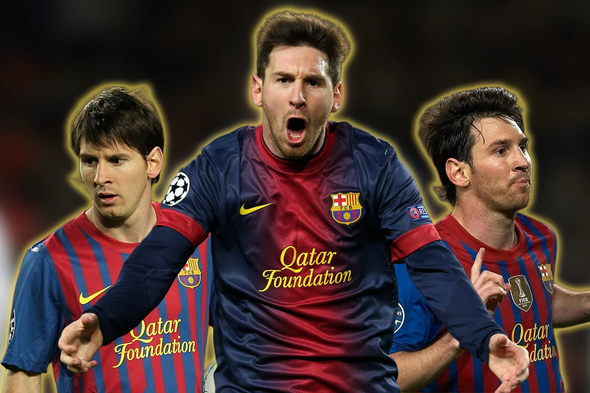 A multi-image action collage featuring Lionel Messi during his record-breaking era at FC Barcelona. The primary central image captures an ecstatic Messi mid-celebration, shouting with his arms outstretched while wearing a dark blue and red Barcelona kit with the yellow "Qatar Foundation" sponsor. He is flanked on both sides by identical versions of himself from the same period, looking focused in the club's traditional blue-and-red striped home jerseys.