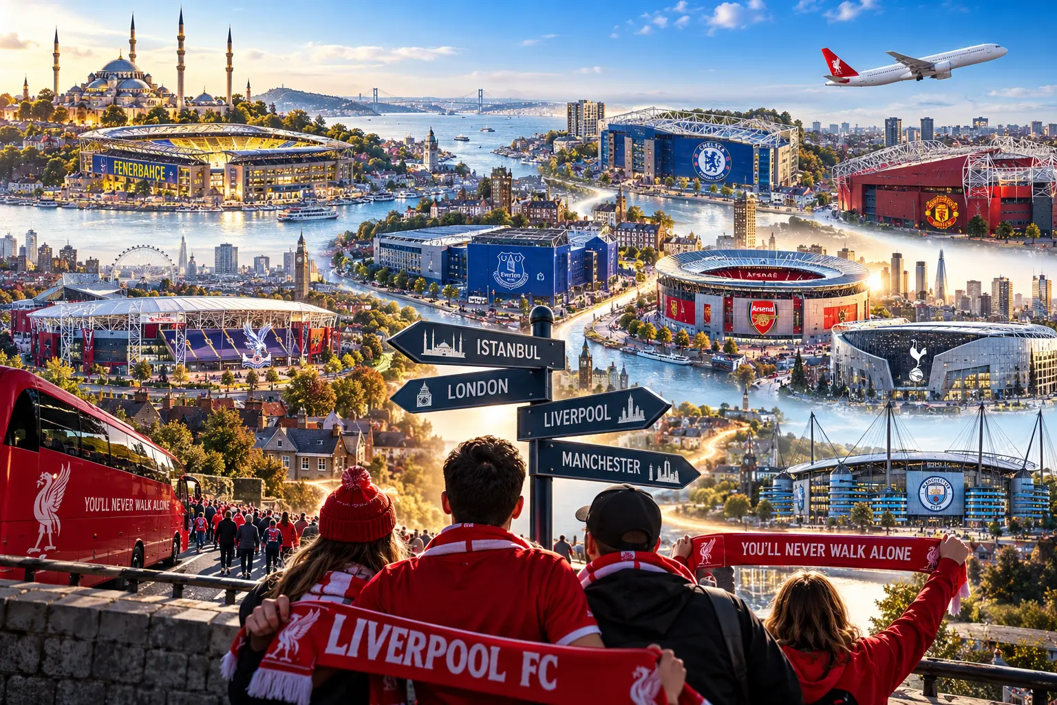 مشجعو نادي ليفربول يحملون الأوشحة ويتطلعون إلى لافتة توجيهية تشير إلى إسطنبول، ولندن، وليفربول، ومانشستر، محاطة بكولاج لميادين كرة القدم الأوروبية والدوري الإنجليزي الممتاز.