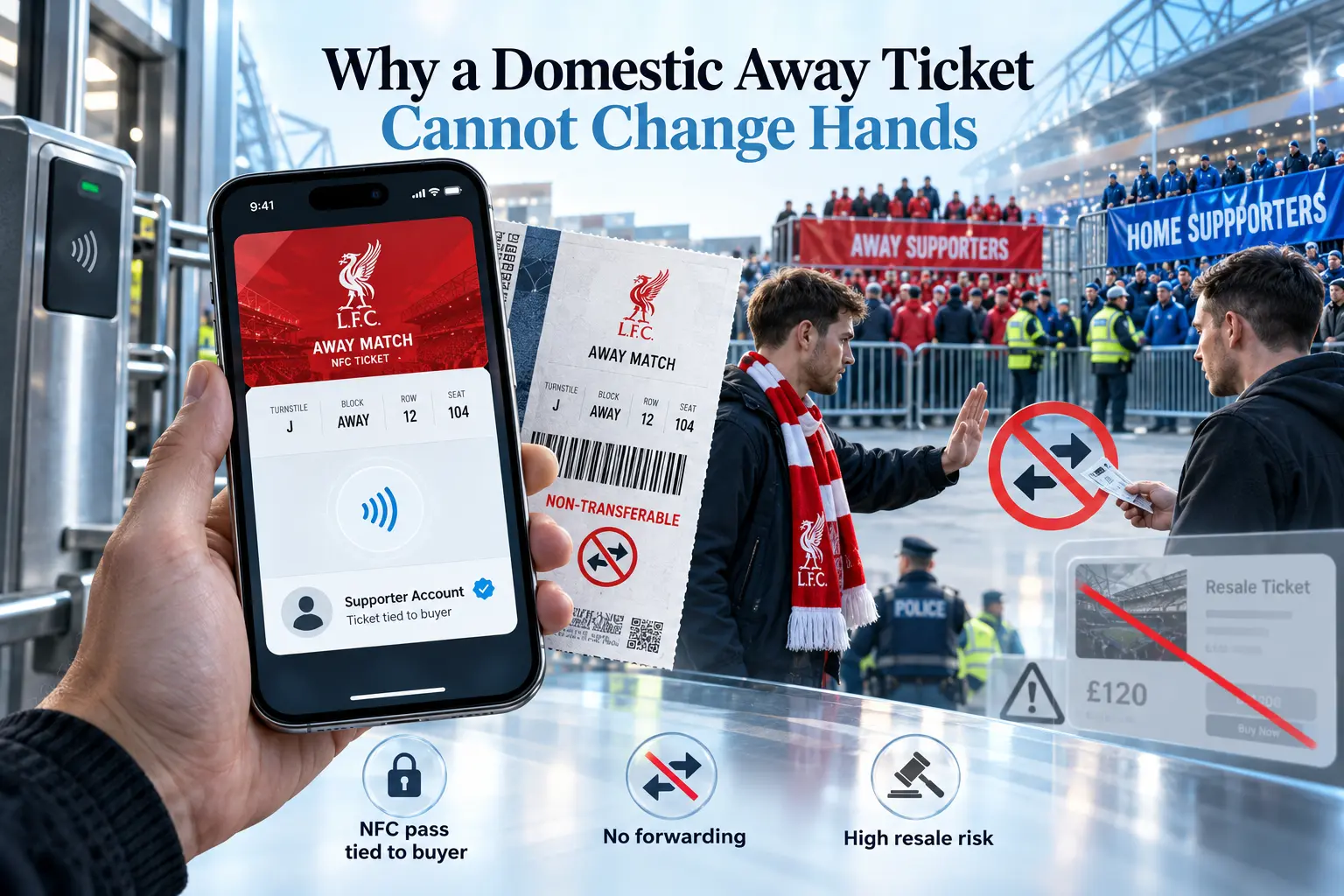 هاتف ذكي وتذكرة ورقية تظهر تفاصيل تمرير NFC غير القابلة للتحويل عند بوابات الملعب، تسلط الضوء على القيود ضد تمرير أو إعادة بيع التذاكر.