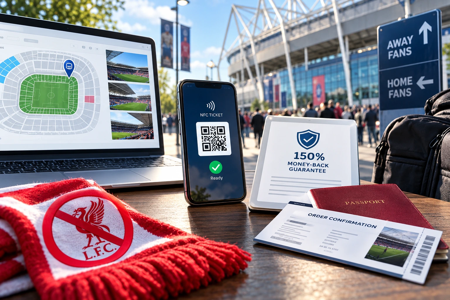يمثل حاسوب محمول يظهر مخطط مقاعد الملعب، وهاتف ذكي يعرض تذكرة رقمية QR NFC، وجهاز لوحي يعرض ضمان استرداد الأموال بنسبة 150٪، ووثيقة تأكيد الطلب، وجواز سفر، وشال ليفربول خارج الملعب.