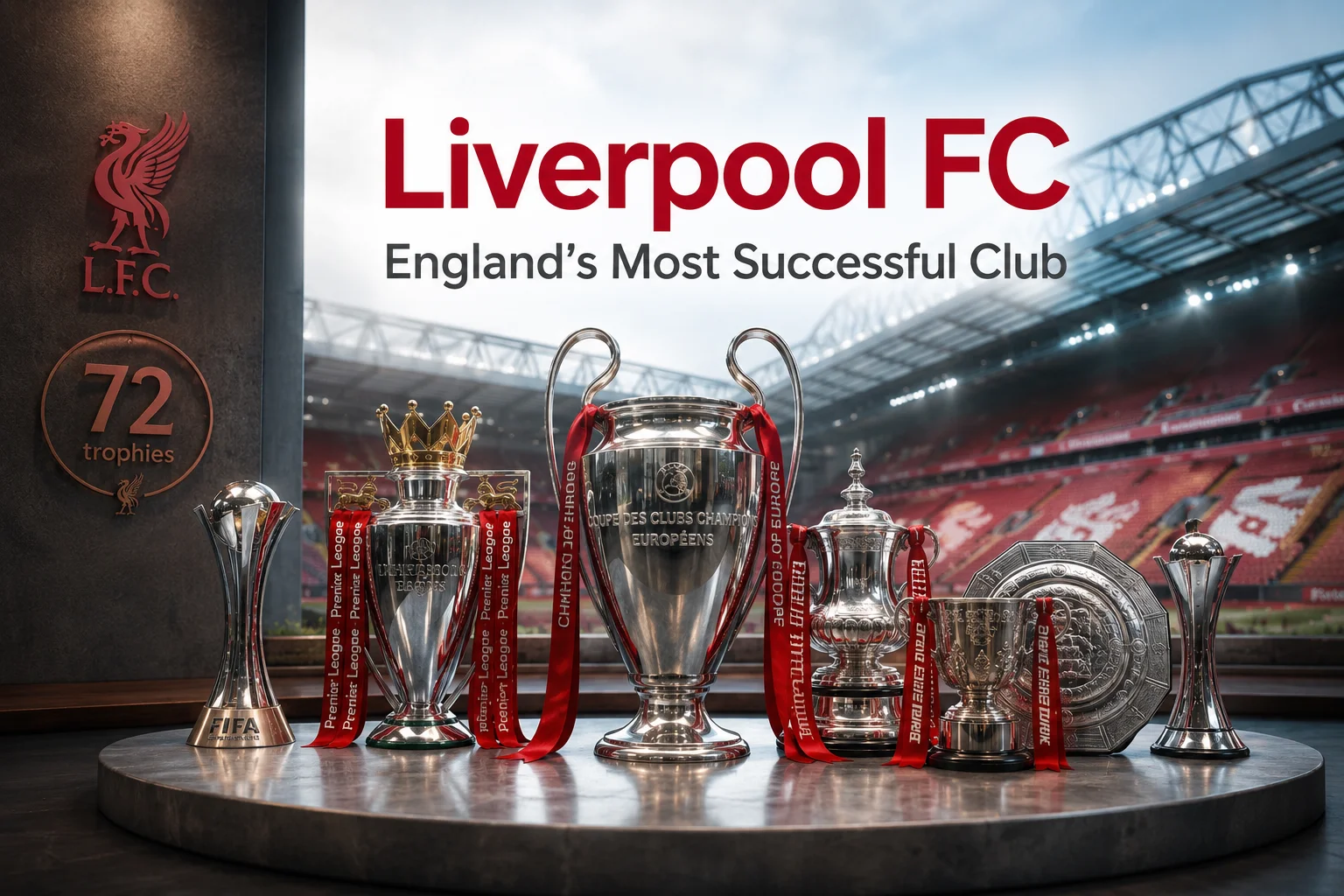 Display of major trophies won by Liverpool Football Club positioned inside Anfield stadium under the heading England's Most Successful Club.