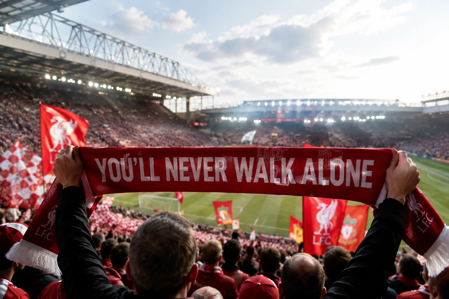 A supporter holding up a red scarf reading You'll Never Walk Alone inside a packed Anfield stadium during a Liverpool FC matchday.