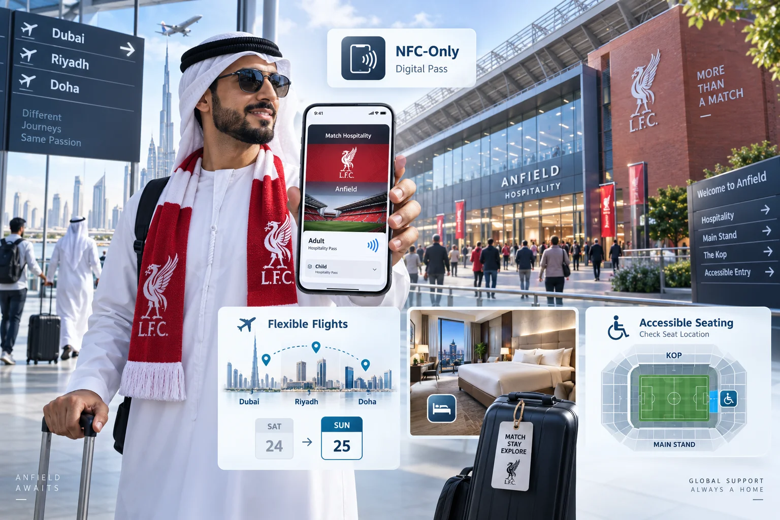مشجع دولي يحمل وشاح ليفربول مع هاتف ذكي يعرض تصريح NFC الرقمية أمام أنفيلد، مع رسومات للرحلات الجوية، الفنادق، والمقاعد.