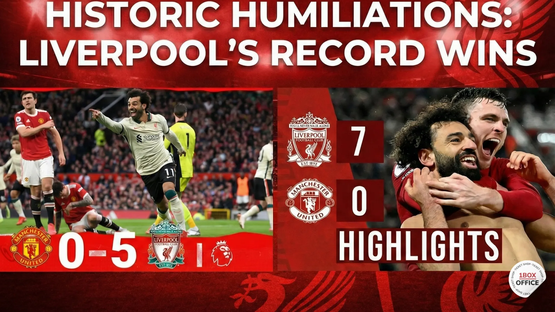 Liverpool’s 5-0 and 7-0 victories over Manchester United, highlighting the record-breaking scorelines in the North West Derby.
