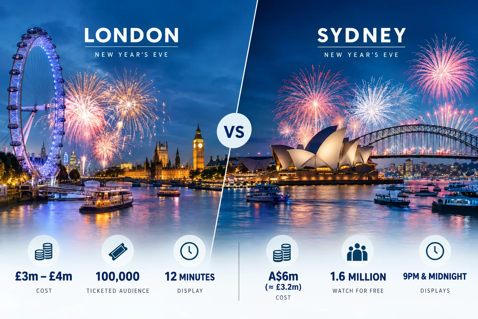 Infographic comparing London and Sydney New Year's Eve fireworks celebrations side-by-side. The London side features the London Eye and Big Ben at night with fireworks, detailing a cost of £3 million to £4 million, a ticketed audience of 100,000, and a 12-minute display. The Sydney side features the Sydney Opera House and Harbour Bridge with fireworks, listing a cost of A$6 million (approximately £3.2 million), 1.6 million viewers watching for free, and two separate displays at 9 PM and midnight.
