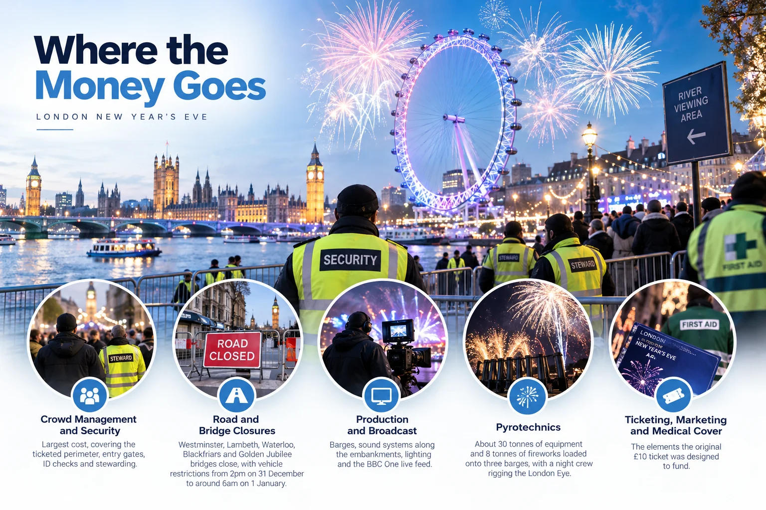 Infographic titled "Where the Money Goes: London New Year's Eve" set against a backdrop of security officers standing along a River Thames barrier during the fireworks display. Five circular icons at the bottom detail where budget is spent: crowd management and security at entry gates; road and bridge closures starting at 2 PM on December 31; production and broadcasting feeds for BBC One; pyrotechnics involving 30 tonnes of equipment and 8 tonnes of fireworks; and ticketing, marketing, and medical cover.
