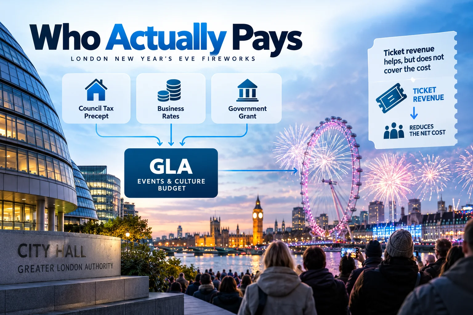 Diagram titled "Who Actually Pays: London New Year's Eve Fireworks" set over a photo of London City Hall and spectators watching fireworks across the Thames. The main flowchart shows blue arrows directing funding from Council Tax Precept, Business Rates, and Government Grants into the GLA Events & Culture Budget to fund the display. A side card notes that while ticket revenue does not cover full costs, it helps reduce the net cost.