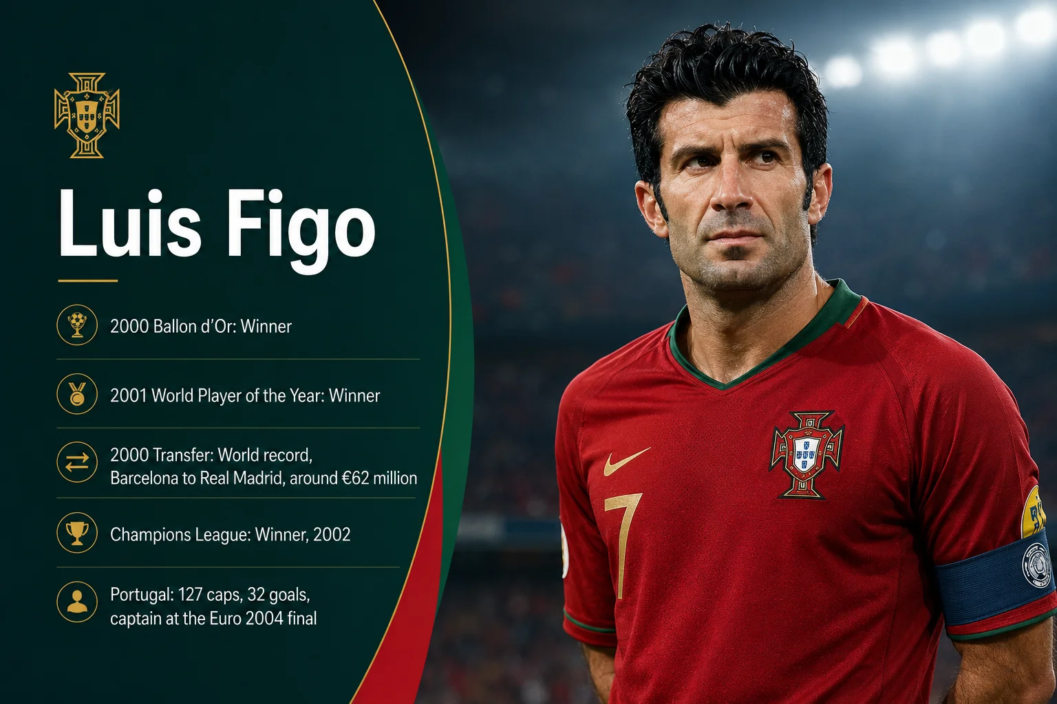 A sports graphic titled "Luís Figo" features the iconic Portuguese winger smiling on the pitch in a vintage deep red national jersey. The card is styled with an elegant maroon aesthetic and a golden circular emblem. Positioned below his name are three major career stats: "127 Caps" representing his lengthy career as a focal point of the "Golden Generation," "32 Goals" scored across his international journey, and "2000 Ballon d'Or" highlighting his status as one of the game's ultimate players.