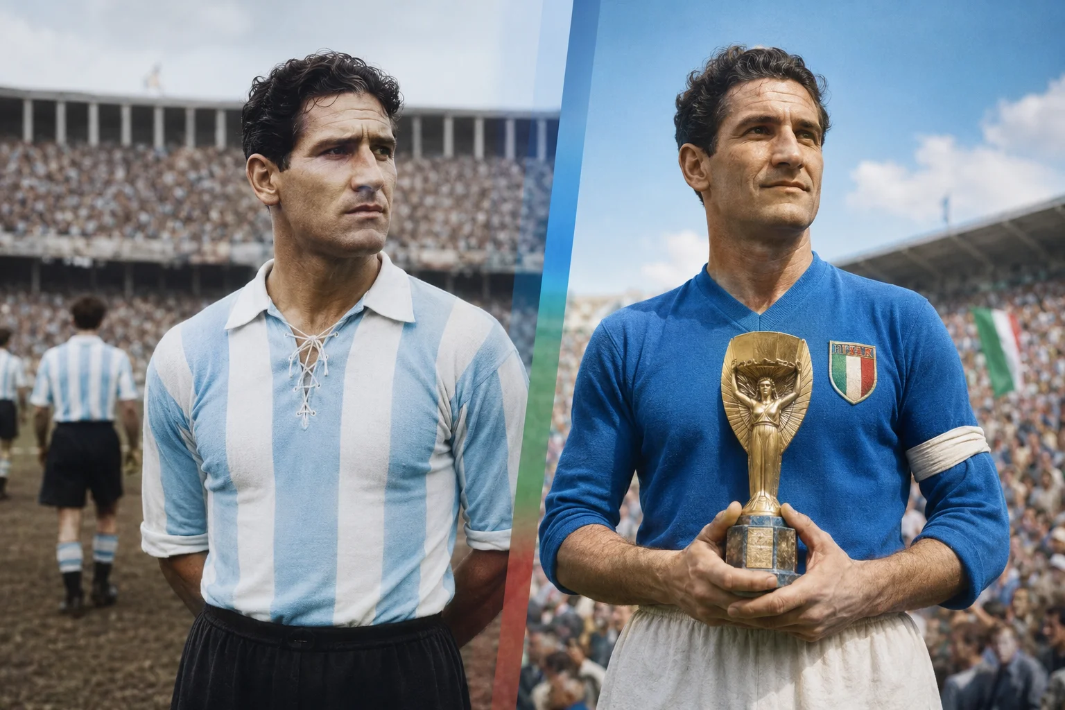 ملف تعريف لاعب مقسم يبرز مسيرة لويس مونتي الفريدة. الجانب الأيسر يظهر صورة ملونة ذات درجات صفراء لمونتي الجاد مرتديًا زي الأرجنتين الكلاسيكي ذو الخطوط الزرقاء والبيضاء أمام ملعب مكتظ. الجانب الأيمن يظهر مونتي القوي ينظر للأعلى نحو الشمس، مرتديًا زي المنتخب الوطني الإيطالي الأزرق الداكن مع شعار العلم الإيطالي، وهو يحضن بفخر كأس جول ريميه الذهبي.