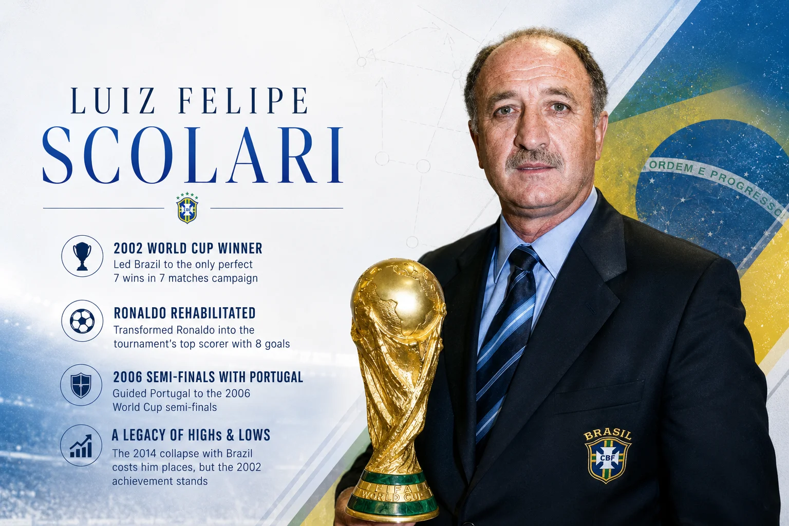 A legacy infographic profiles Brazilian manager Luiz Felipe Scolari. On the right, a portrait displays a serious Scolari wearing a dark suit blazer, light blue shirt, a striped blue tie, and a Brasil CBF national team badge on his chest while holding the golden FIFA World Cup trophy. The left column documents his achievements, celebrating him as the 2002 World Cup winner after leading Brazil to a perfect campaign of 7 wins in 7 matches. It highlights how he rehabilitated Ronaldo into the tournament's top scorer with 8 goals, guided Portugal to the 2006 semi-finals, and outlines a legacy of highs and lows following the 2014 collapse with Brazil.