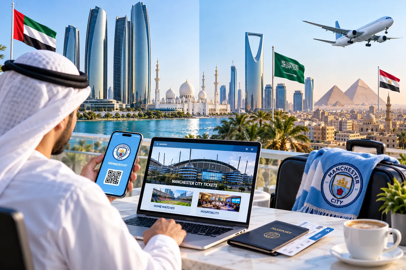 A Middle Eastern fan in traditional dress using a laptop and smartphone to access Manchester City ticket membership options, with iconic skylines of Abu Dhabi, Riyadh, and Cairo in the background.