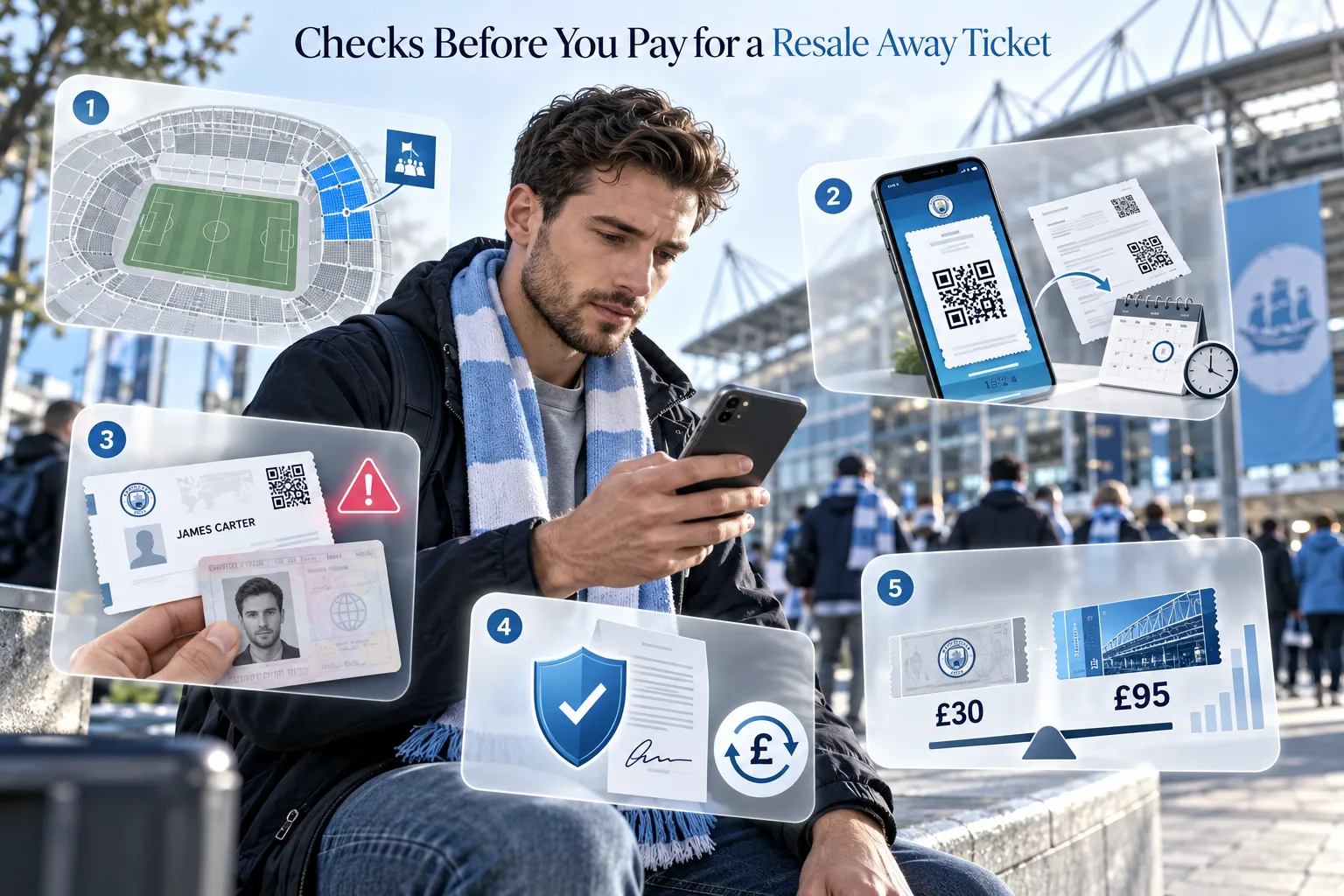 Graphic guide outlining 5 key checks before buying a resale away ticket, including verifying seat location on a stadium map, transfer timing, ID requirements, buyer guarantees, and price comparisons.
