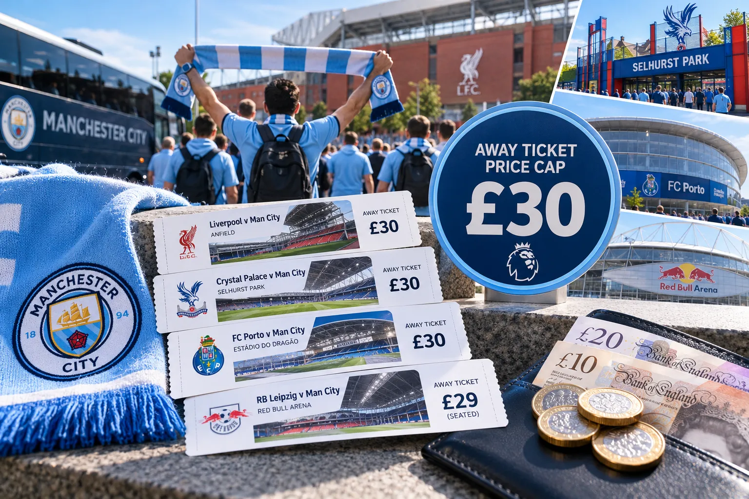 Infographic showing the Premier League away ticket price cap of £30 alongside sample tickets for Liverpool, Crystal Palace, FC Porto, and RB Leipzig fixtures.