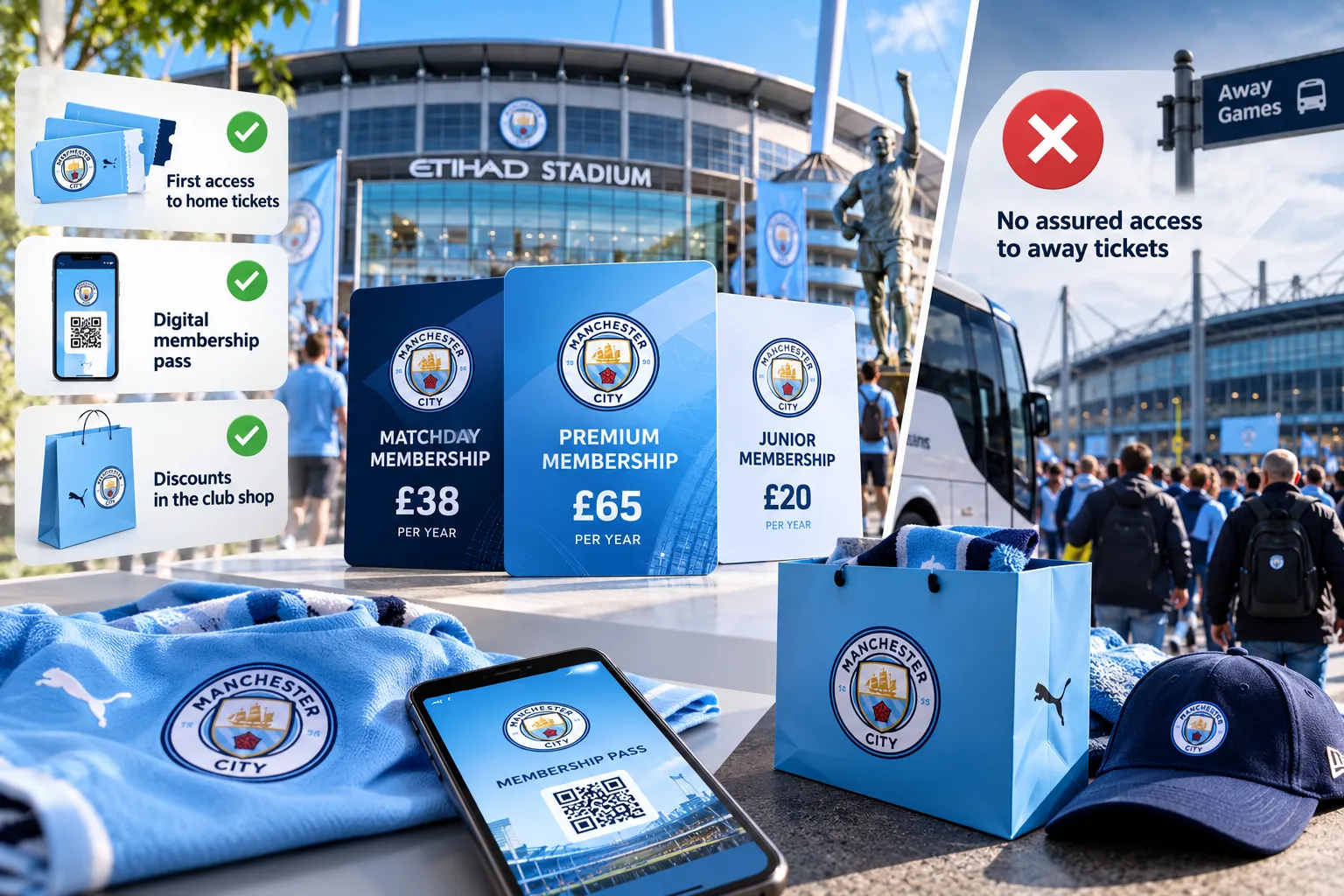 Graphic showing Manchester City official membership tiers—Matchday (£38/yr), Premium (£65/yr), and Junior (£20/yr)—noting that official memberships do not guarantee away ticket access.