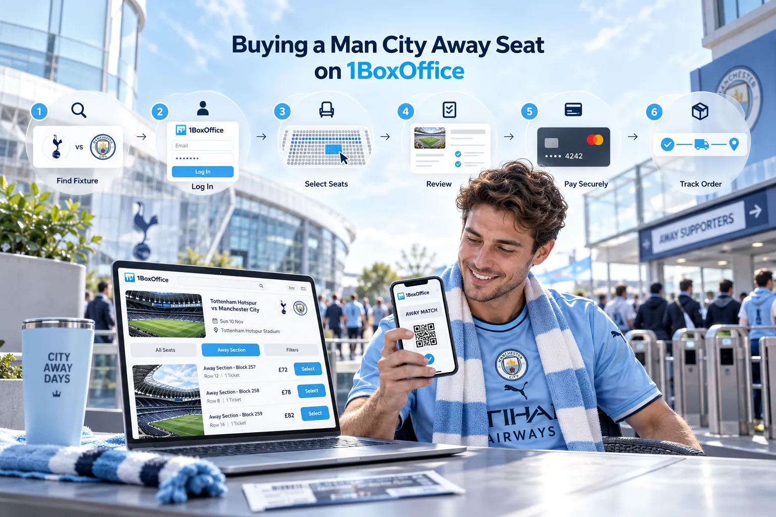 Step-by-step 6-stage diagram demonstrating how to buy a Manchester City away ticket on 1BoxOffice, showing a fan using a laptop and smartphone outside a stadium.