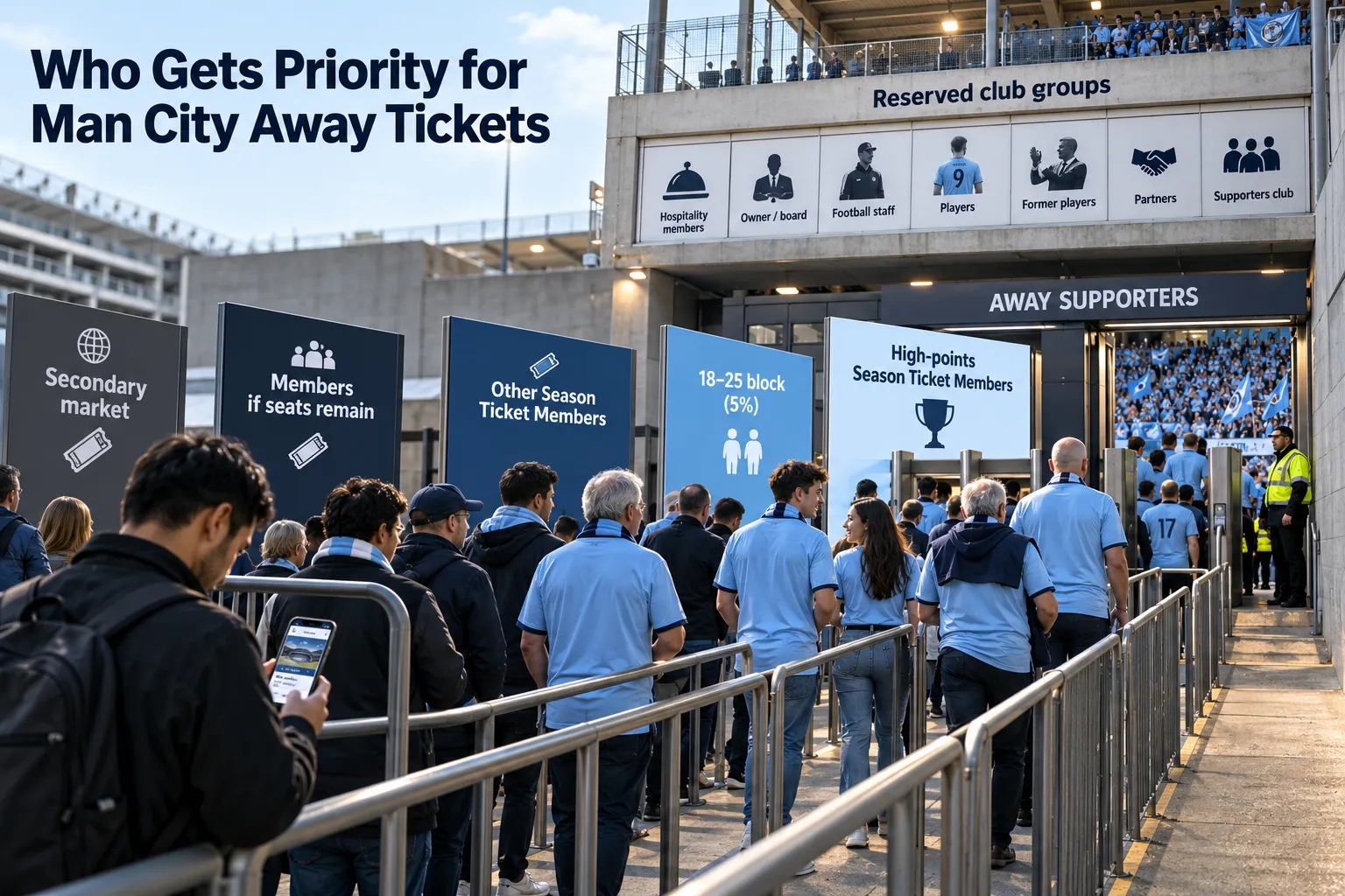 Visual guide detailing the priority queues for Manchester City away tickets, ranging from high-points season ticket holders and 18–25 age blocks to secondary market buyers.