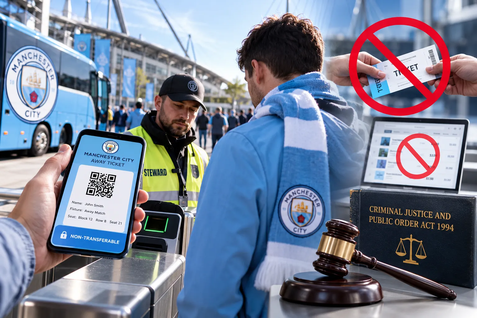 Graphic illustrating Manchester City away match entry security, featuring a digital non-transferable ticket on a smartphone, turnstile entry, and warning icons prohibiting ticket reselling.