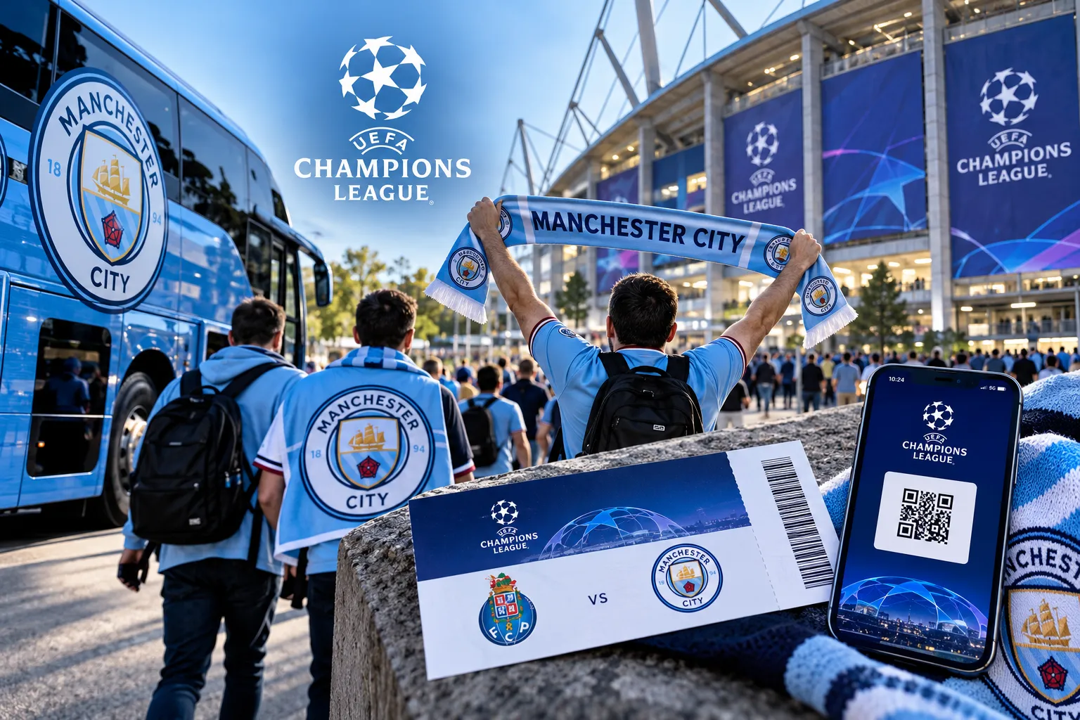 Manchester City supporters walking toward a UEFA Champions League match venue alongside a team bus, with physical and mobile match tickets displayed in the foreground.