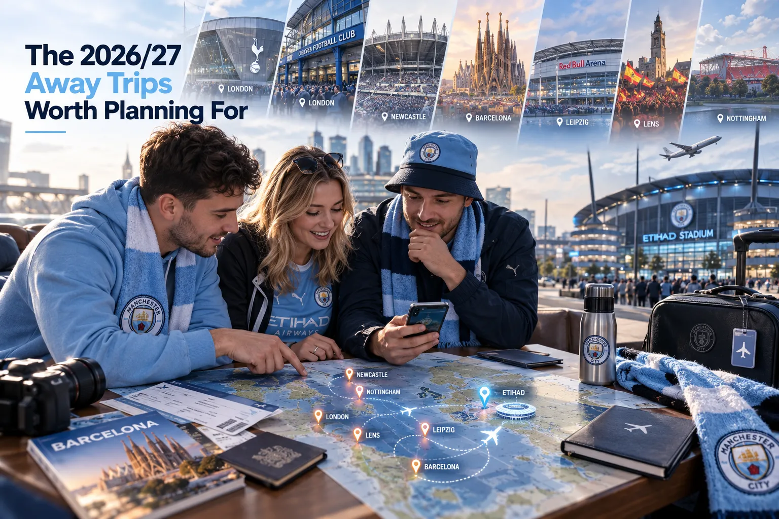 Graphic showing Manchester City fans gathered around a map planning 2026–27 away trips, with inset images of match destinations including Tottenham, Chelsea, Newcastle, Barcelona, Leipzig, Lens, and Nottingham.