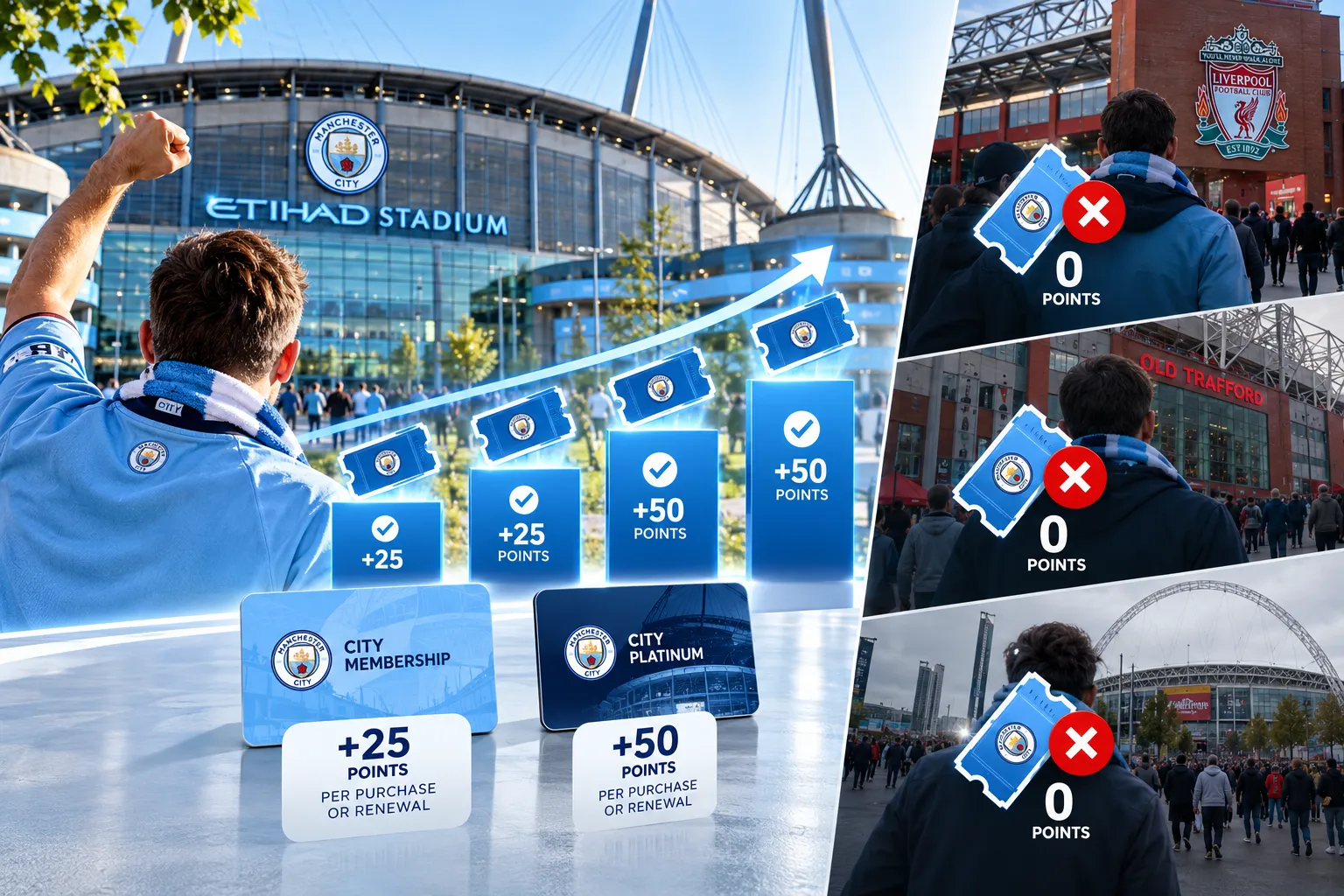 Diagram illustrating ticket loyalty point accumulation for City Membership (+25 points) and City Platinum (+50 points) versus non-qualifying opposition stadiums.