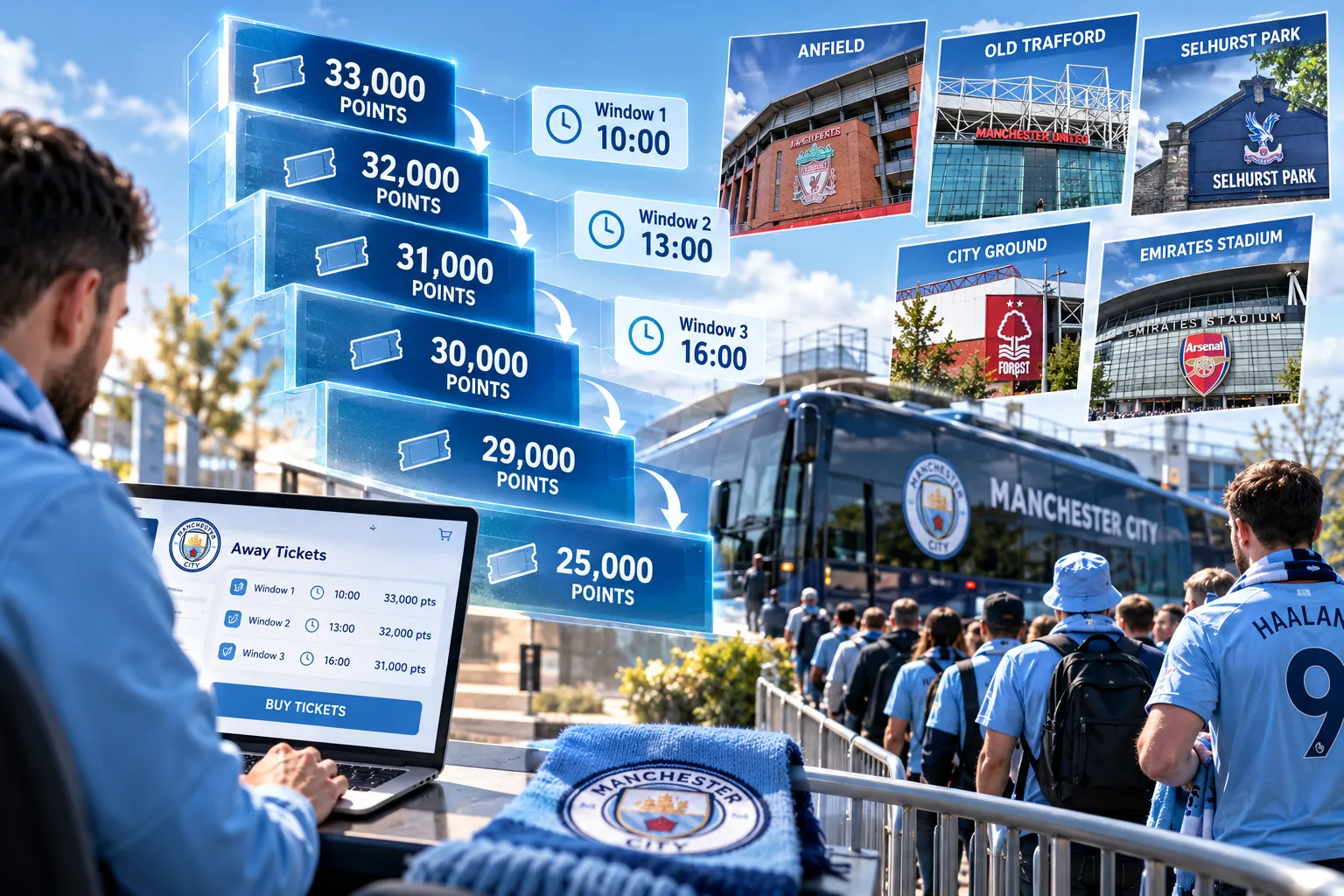 Graphic explaining staggered ticket sale windows based on accumulated loyalty points, showing a fan buying away tickets on a laptop outside the Etihad Stadium.