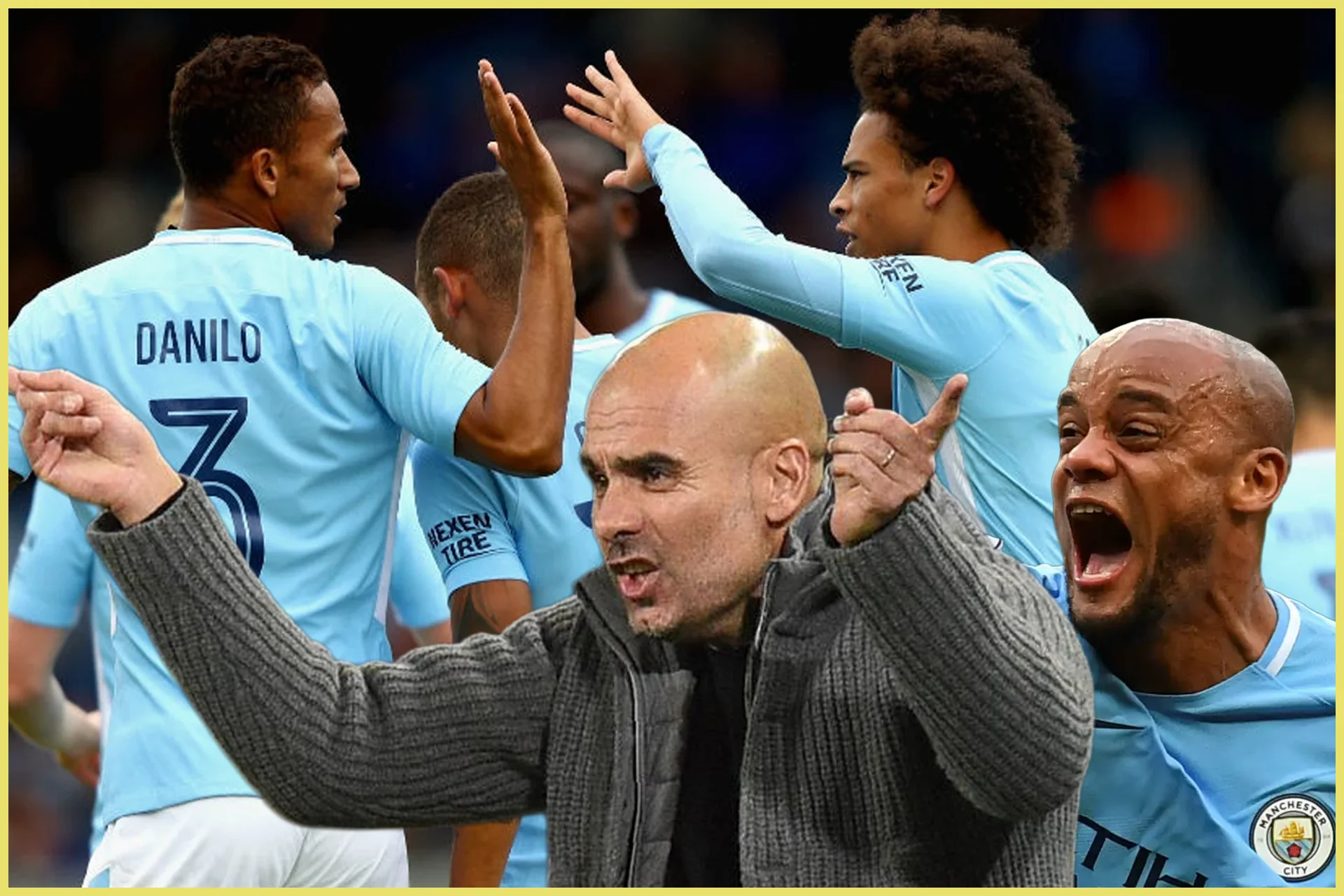 A composite action shot of Manchester City celebrating. In the center foreground, manager Pep Guardiola is passionately shouting and motivating his team while wearing a textured grey zip-up knit cardigan. In the background, sky-blue clad players celebrate a victory, including defender Danilo with his back turned and a ecstatic Vincent Kompany screaming with joy.