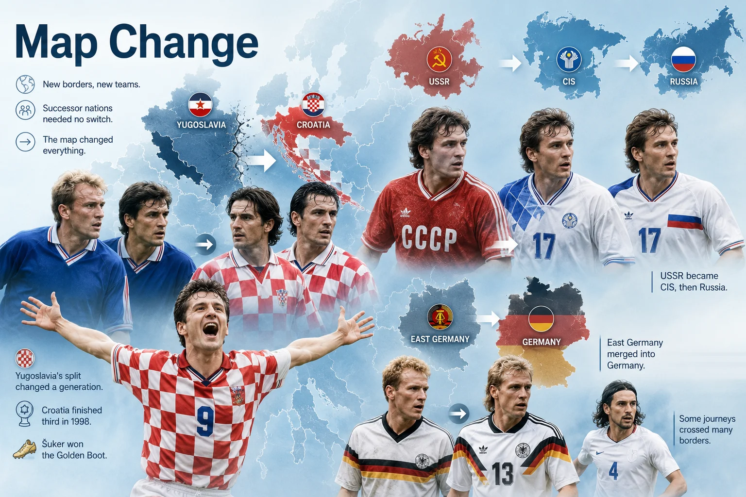 A historical infographic titled "Changing the Map: Geopolitics and Football Teams" outlines how shifting global borders altered the landscape of international sport. Set against a background of a historic, sepia-toned continental map, three descriptive panels highlight major national transformations. The first details the transition of the Soviet Union (USSR) into modern Russia and individual post-Soviet states. The second charts the breakup of Yugoslavia into independent nations like Croatia and Serbia. The third outlines the reunification of East and West Germany into a single powerhouse football federation.